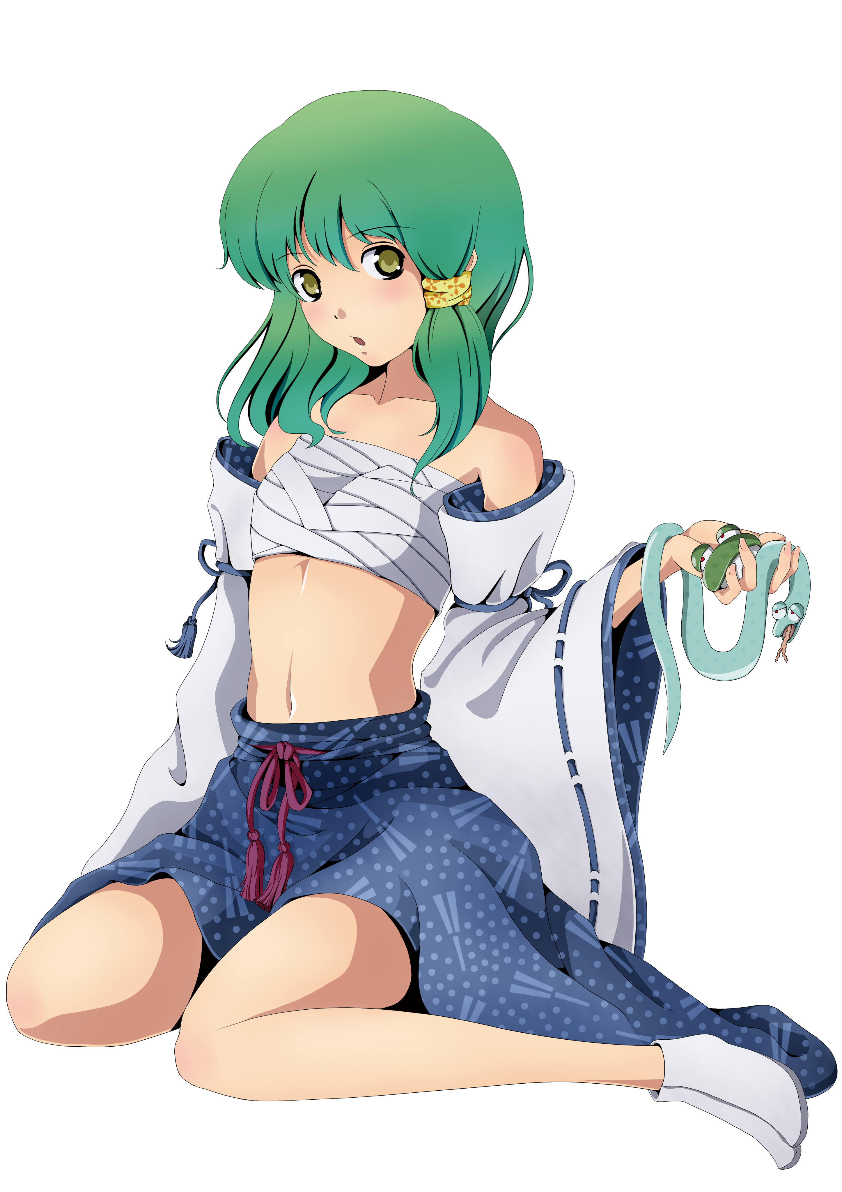 amano myonta, shinya1234, kochiya sanae, touhou, absurdres, bad id, bad pixiv id, highres, 1girl, bandages, detached sleeves, female focus, full body, green hair, japanese clothes, legs, midriff, miko, navel, no shirt, sarashi, sitting, snake, socks, solo, transparent background, yellow eyes