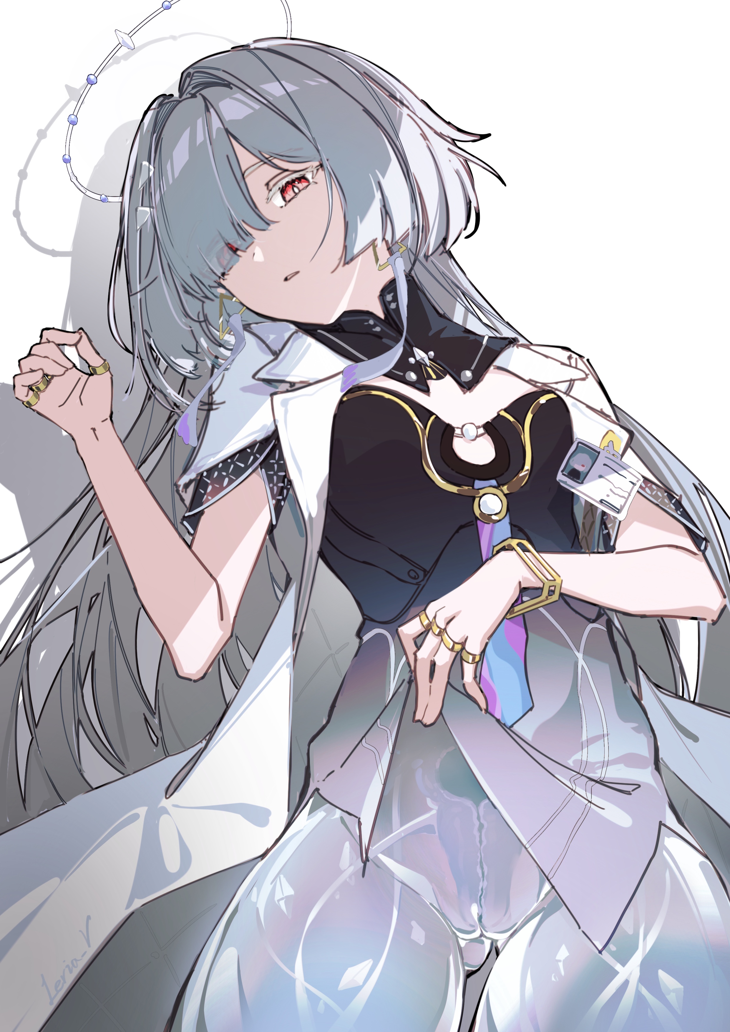 leria v, mornye (wuthering waves), wuthering waves, absurdres, commentary, highres, symbol-only commentary, 1girl, breasts, cleft of venus, clothes lift, colored eyelashes, dress, dress lift, earrings, eyes visible through hair, grey hair, hair over one eye, halo, id card, jacket, jewelry, lifting own clothes, long hair, looking at viewer, parted lips, purple dress, pussy, red eyes, see-through body, signature, simple background, small breasts, solo, triangle earrings, uterus, white background, white jacket