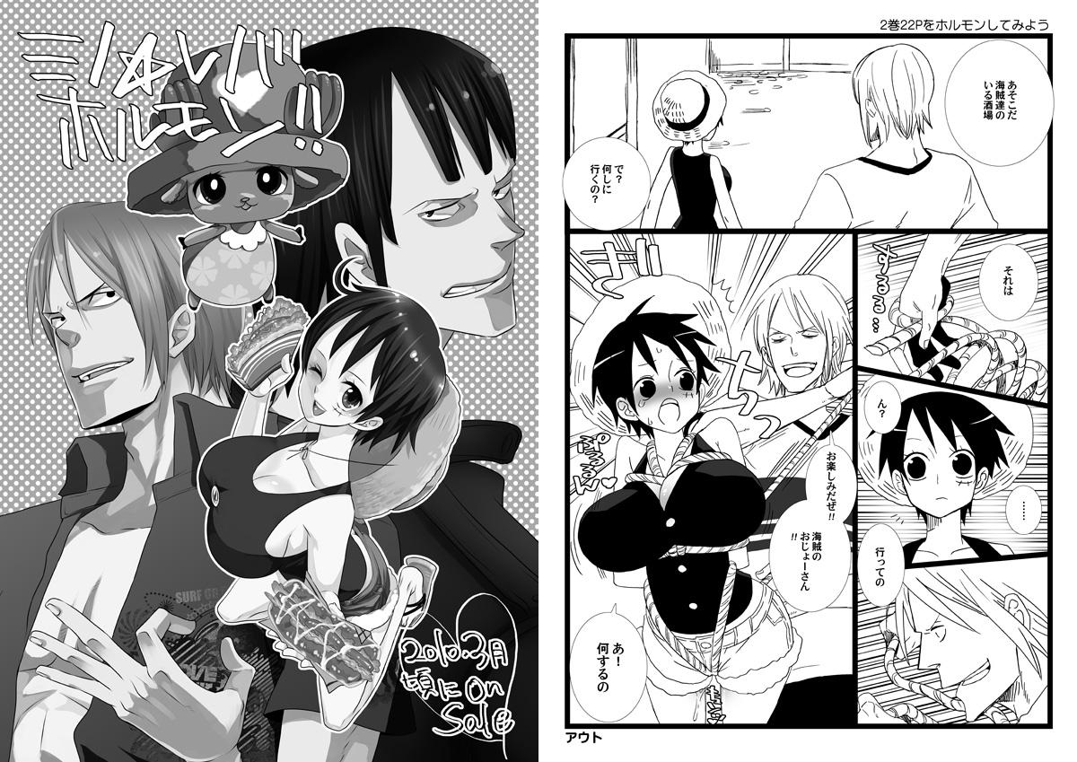 luffyko, monkey d. luffy, nami (one piece), nico robin, tony tony chopper, one piece, source request, translation request, 2boys, 2girls, bdsm, black hair, blush, bondage, bound, breasts, genderswap, genderswap (ftm), genderswap (mtf), greyscale, hat, large breasts, monochrome, multiple boys, multiple girls, rope, scar, short hair, short shorts, shorts, straw hat, top hat, you gonna get raped