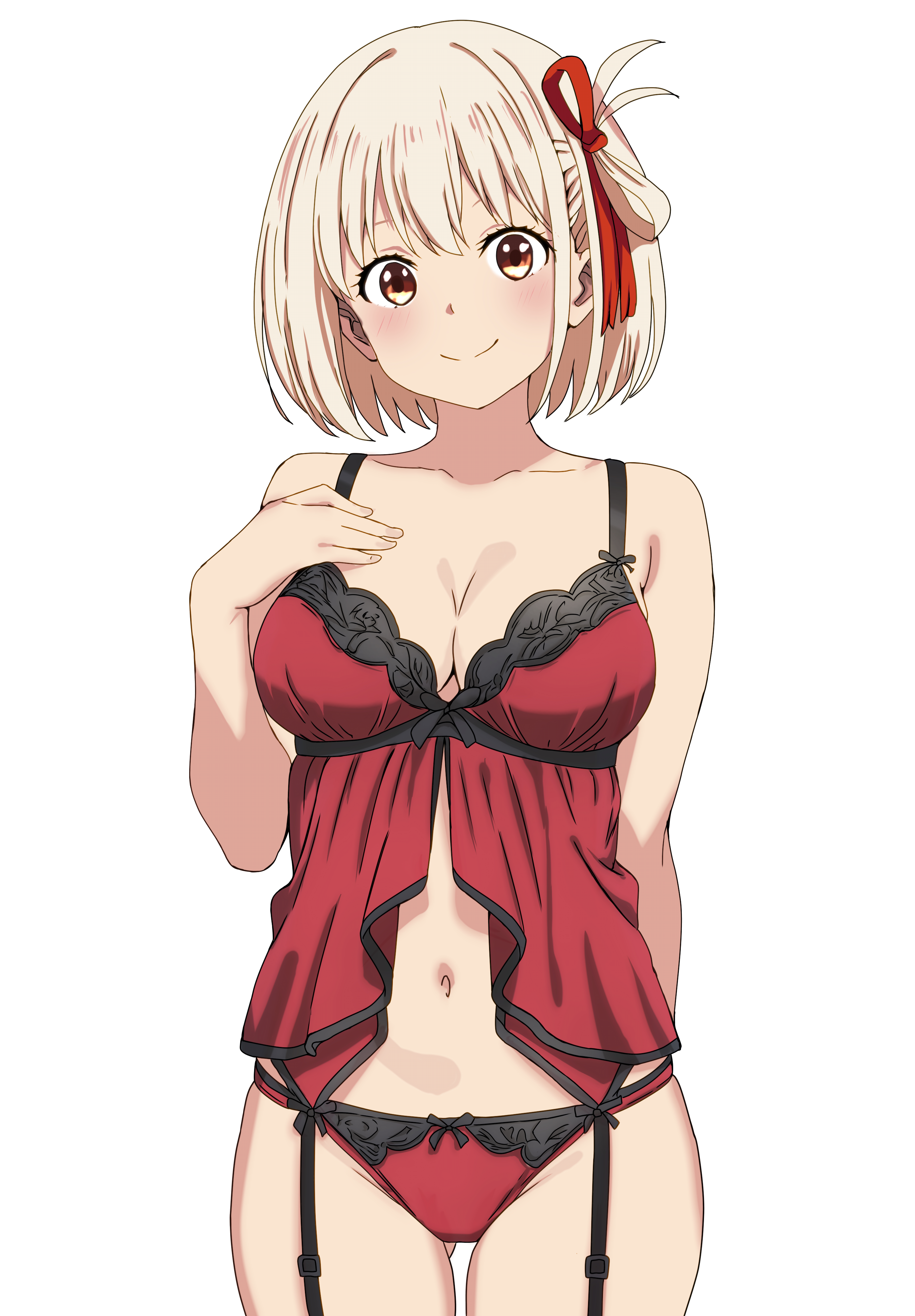 tetsuado, nishikigi chisato, lycoris recoil, absurdres, commentary request, highres, 1girl, arm behind back, babydoll, black garter straps, blonde hair, bob cut, breasts, cleavage, closed mouth, collarbone, cowboy shot, garter straps, hair ribbon, hand up, large breasts, lingerie, looking at viewer, navel, one side up, panties, red babydoll, red eyes, red panties, red ribbon, ribbon, short hair, simple background, smile, solo, underwear, underwear only, white background