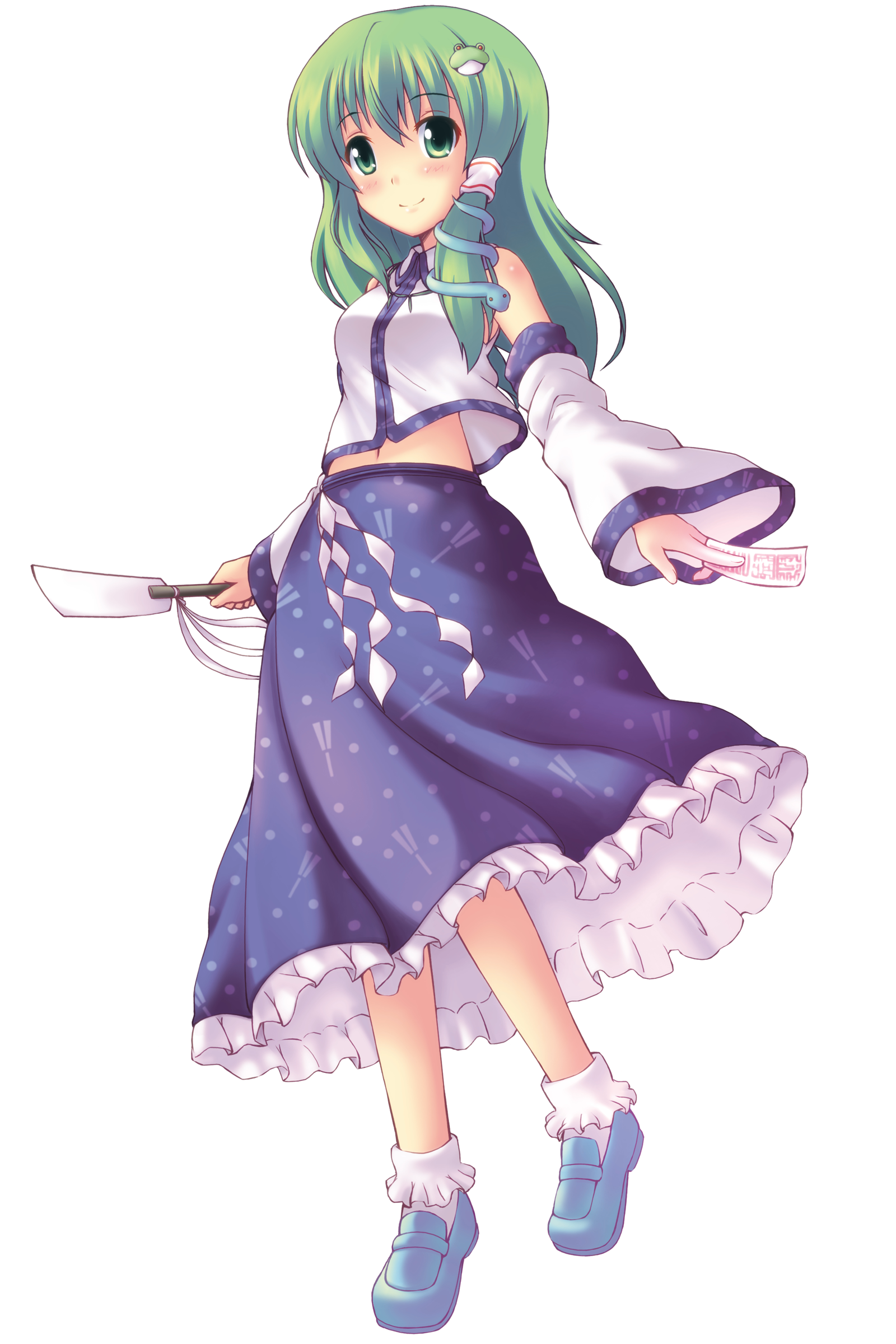 shiwasuzuki, kochiya sanae, touhou, absurdres, bad id, bad pixiv id, highres, 1girl, bare shoulders, between fingers, blush, bobby socks, detached sleeves, female focus, frog, full body, gohei, green eyes, green hair, hair ornament, holding, japanese clothes, jewelry, long hair, matching hair/eyes, midriff, miko, necklace, ofuda, ofuda between fingers, oonusa, smile, snake, socks, solo, spell card, standing, transparent background