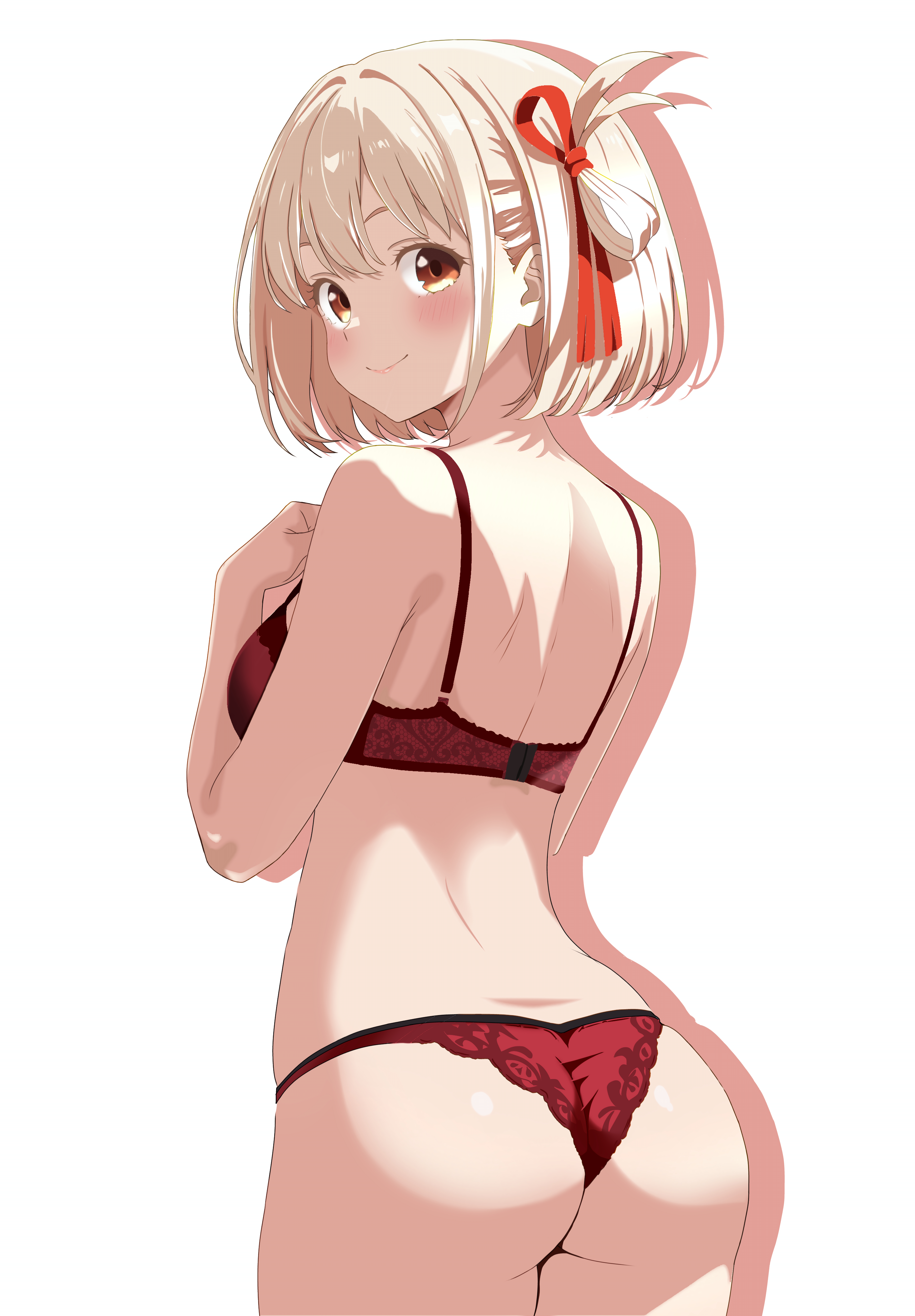 tetsuado, nishikigi chisato, lycoris recoil, absurdres, commentary request, highres, 1girl, ass, back, blonde hair, bob cut, bra, breasts, closed mouth, cowboy shot, drop shadow, from behind, hair ribbon, hand up, large breasts, lingerie, looking at viewer, looking back, one side up, panties, red bra, red eyes, red panties, red ribbon, ribbon, short hair, simple background, smile, solo, underwear, underwear only, white background