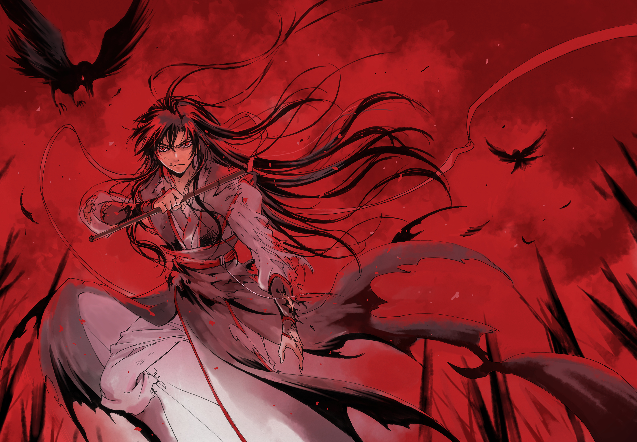 wei wuxian, wei wuxian (yunmeng clan), modao zushi, commentary request, highres, 1boy, bird, black bird, black boots, black feathers, black hair, black hanfu, blood, boots, chenqing flute, chinese clothes, closed mouth, crow, dizi, falling feathers, feathers, fighting stance, floating hair, flute, grey pants, grey shirt, hair down, hair ribbon, hanfu, holding, holding flute, holding instrument, holding weapon, instrument, long hair, long sleeves, looking at viewer, male focus, mugiwara0077, official alternate costume, pants, red background, red eyes, red ribbon, red sash, red sky, red theme, ribbon, sash, shirt, sky, solo, tassel, torn clothes, transverse flute, weapon, yaopei