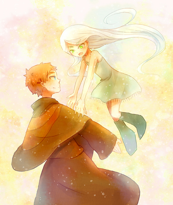 rin0422, aisling (kells), brendan (kells), the secret of kells, commentary request, 1boy, 1girl, :o, brown robe, dress, eye contact, green eyes, long hair, looking at another, red hair, robe, short hair, white hair