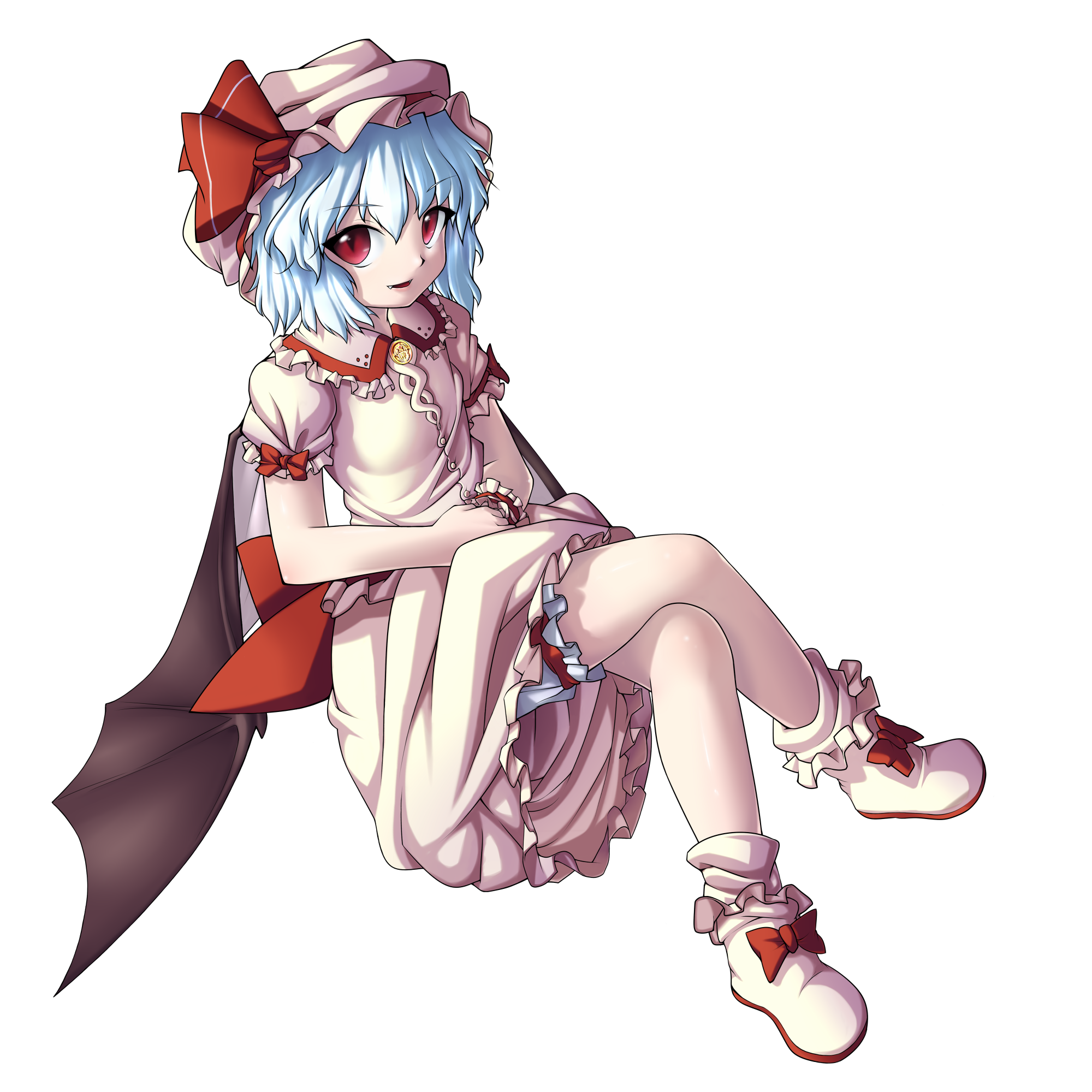 geppewi, remilia scarlet, touhou, bad id, bad pixiv id, highres, 1girl, bat wings, blue hair, crossed legs, fang, female focus, full body, hat, red eyes, ribbon, shoes, short hair, sitting, smile, solo, transparent background, wings