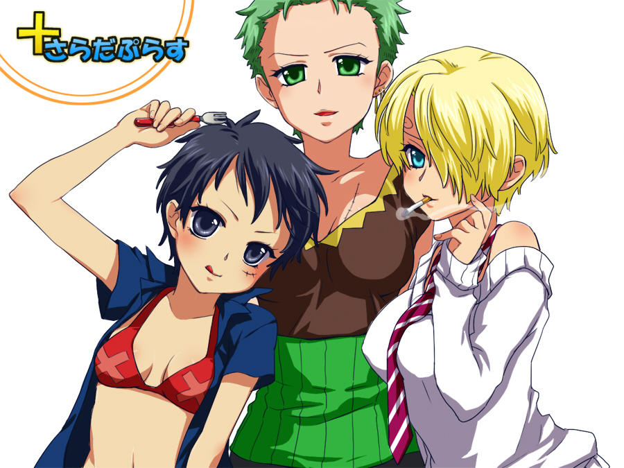 yu-bec, luffyko, monkey d. luffy, roronoa zoro, sanji (one piece), one piece, bad id, bad pixiv id, 3girls, bikini, bikini top only, black hair, blonde hair, blue eyes, cigarette, earrings, fork, genderswap, genderswap (mtf), green eyes, green hair, grey eyes, haramaki, jewelry, licking lips, midriff, multiple girls, necktie, open clothes, open shirt, scar, shirt, short hair, smoke, smoking, swimsuit, tongue, tongue out