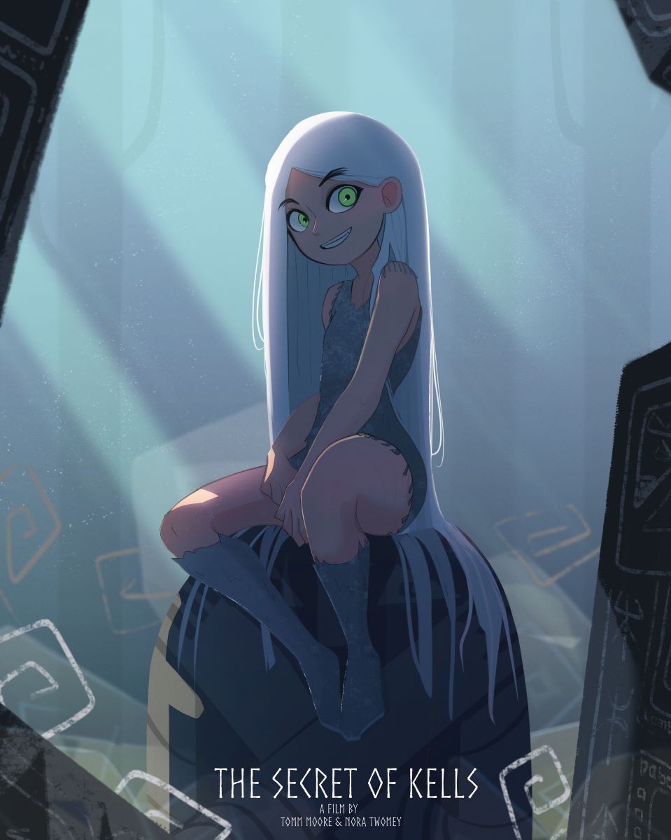 lamb goes baaaaa, aisling (kells), the secret of kells, highres, mixed-language commentary, 1girl, between legs, copyright name, green eyes, grey socks, hand between legs, long hair, on rock, sitting, sleeveless, smile, socks, very long hair, white hair