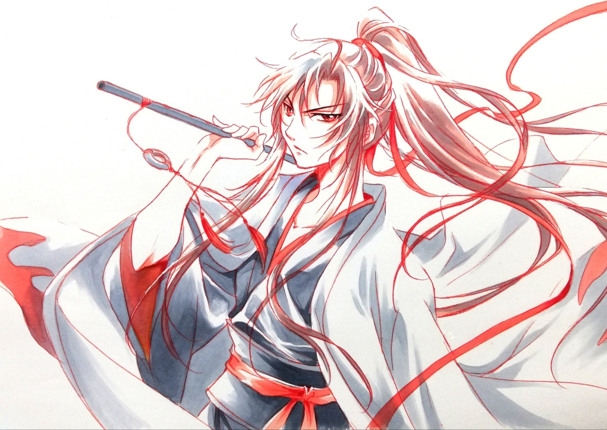 wei wuxian, wei wuxian (yiling laozu), modao zushi, commentary request, highres, marker (medium), traditional media, 1boy, ahoge, black hanfu, brown hair, chenqing flute, chinese clothes, closed mouth, coat, coat on shoulders, dizi, floating hair, flute, flute tassel, grey coat, hair ribbon, hand up, hanfu, high ponytail, holding, holding flute, holding instrument, instrument, long hair, long sleeves, looking at viewer, male focus, mugiwara0077, official alternate costume, over shoulder, parted bangs, ponytail, red eyes, red ribbon, red sash, ribbon, robe, sash, sidelocks, simple background, solo, tassel, transverse flute, upper body, very long hair, white background, wide sleeves