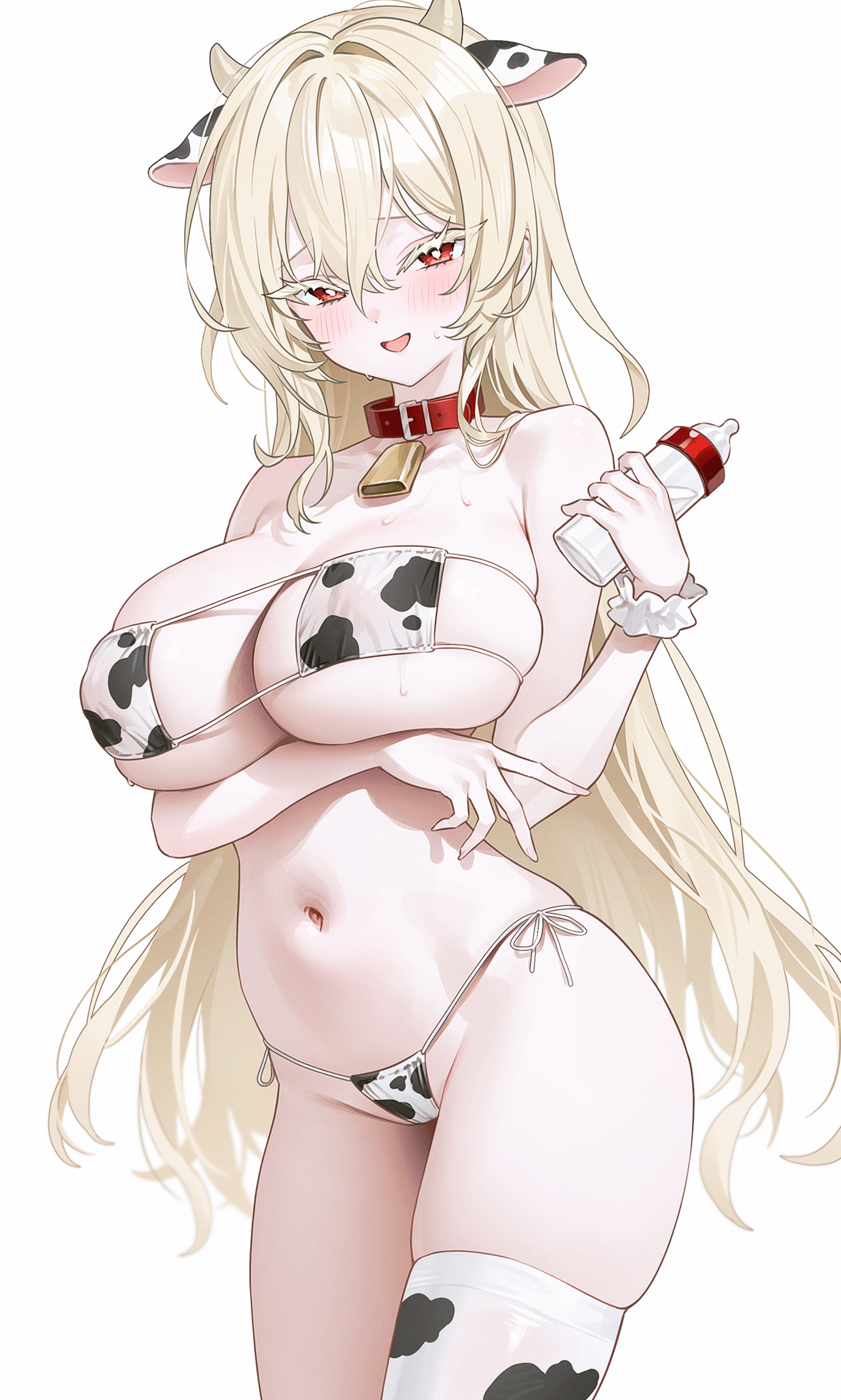 fymrie, lethe rin, original, commission, highres, revision, second-party source, 1girl, alternate costume, animal ears, animal print, arm under breasts, baby bottle, bare shoulders, bell, bikini, bottle, breasts, bright pupils, cleavage, collar, colored eyelashes, covered erect nipples, cow ears, cow horns, cow print, cow print bikini, cow print thighhighs, cowbell, cowboy shot, eyepatch bikini, fake animal ears, fake horns, hand up, holding, holding bottle, horns, large breasts, long hair, looking at viewer, navel, open mouth, print bikini, print thighhighs, red collar, red eyes, side-tie bikini bottom, sideboob, simple background, single thighhigh, skindentation, smile, solo, stomach, string bikini, sweat, swimsuit, thighhighs, thighs, underboob, very long hair, white background, white bikini, white eyelashes, white hair, white thighhighs