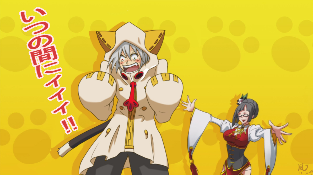 litchi faye ling, ragna the bloodedge, taokaka, arc system works, blazblue, blazblue: calamity trigger, ^ ^, angry, black hair, blush, breasts, chinese clothes, cloak, closed eyes, cosplay, dress, fang, glasses, hair bun, hair ornament, happy, hood, hoodie, large breasts, laughing, long sleeves, open mouth, outstretched arms, panda, paw print, short hair, signature, single hair bun, spread arms, surprised, tail, taokaka (cosplay), teeth, white hair, zipper