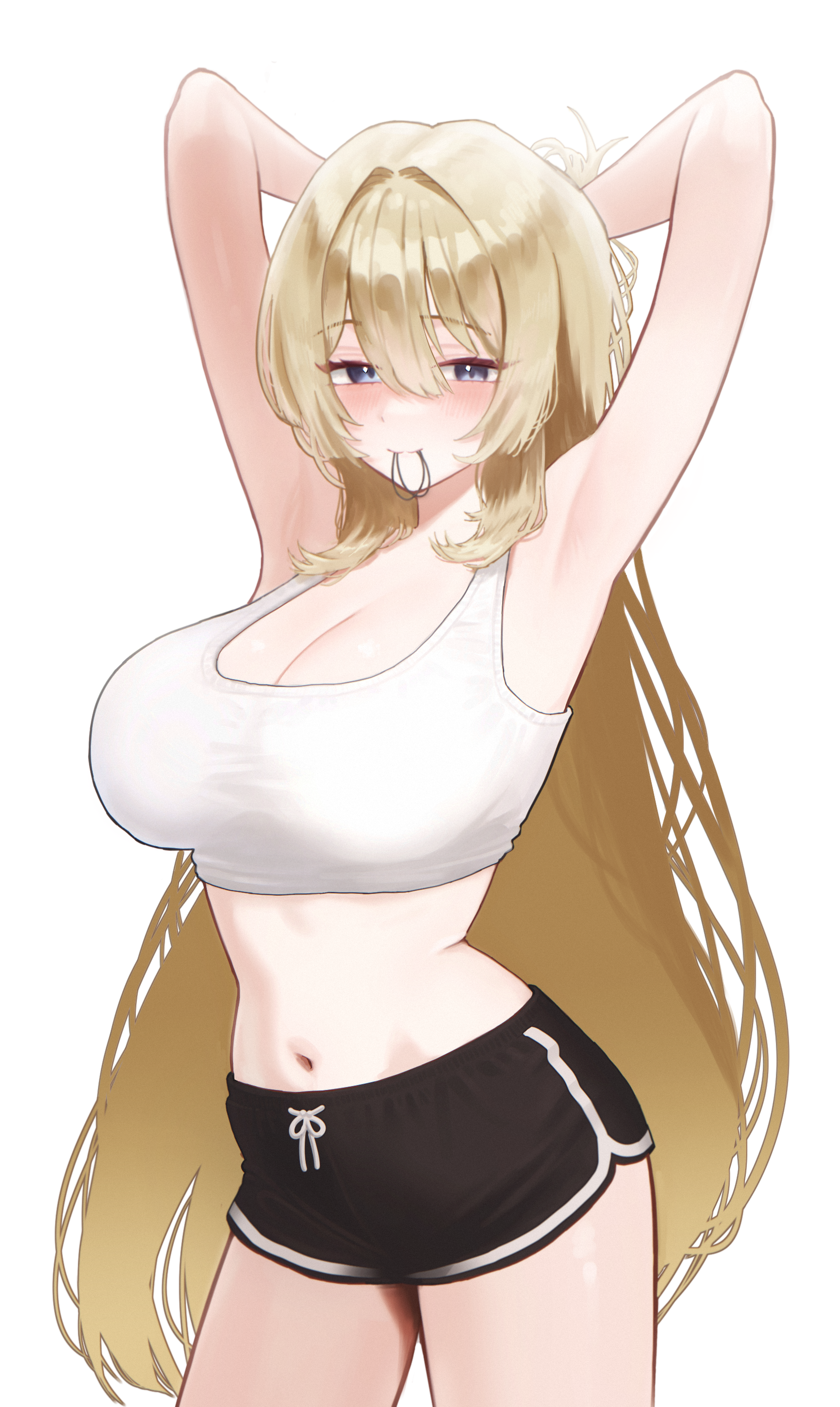 original, absurdres, commission, highres, 1girl, armpits, arms behind head, arms up, bare arms, bare shoulders, black shorts, blonde hair, blue eyes, breasts, cleavage, closed mouth, cowboy shot, crop top, dolphin shorts, drawstring, hair tie in mouth, half updo, jay (arca live), large breasts, long hair, looking at viewer, midriff, mouth hold, navel, shirt, short shorts, shorts, simple background, sleeveless, sleeveless shirt, smile, solo, standing, stomach, tank top, thighs, very long hair, white background, white shirt