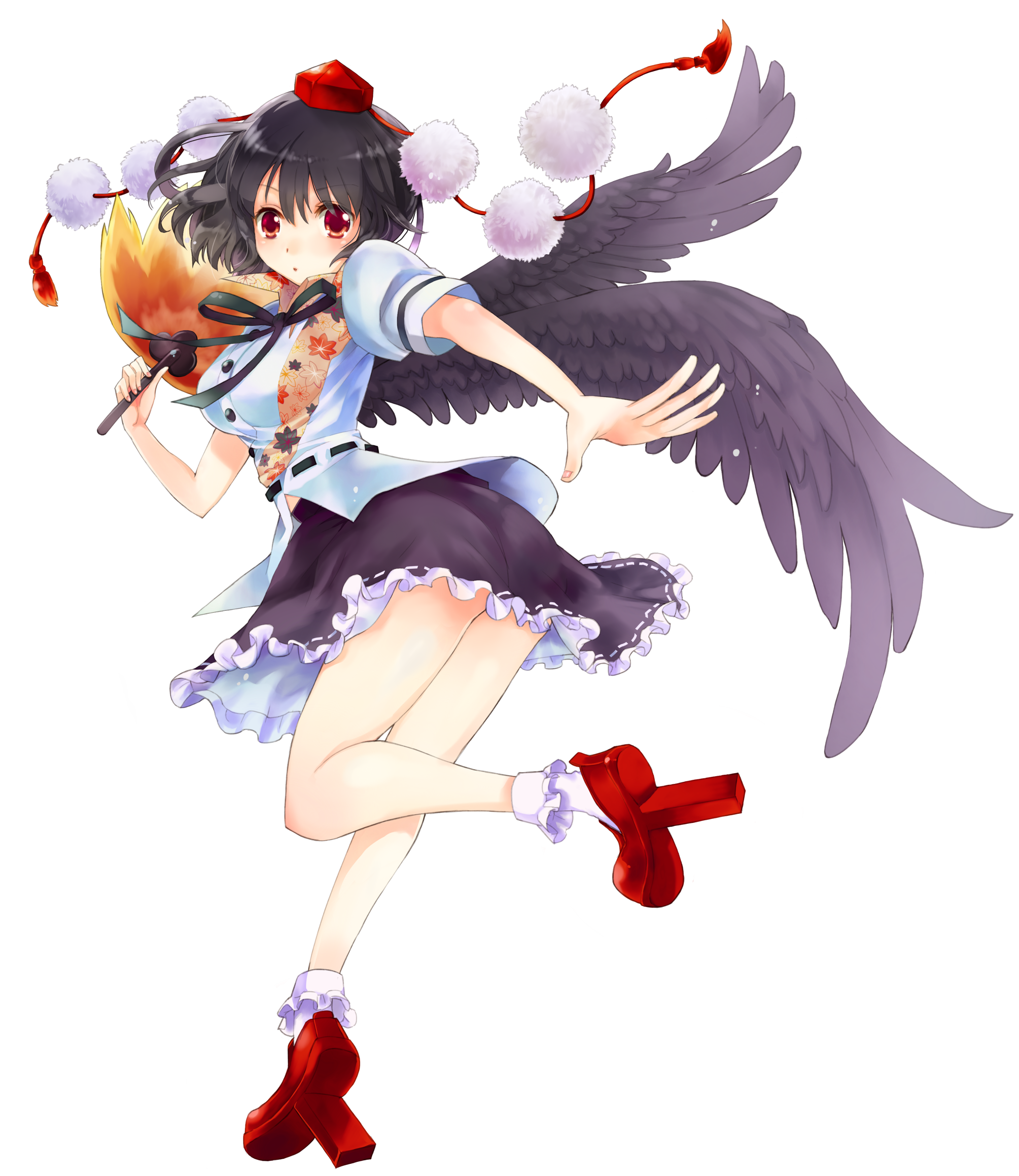 mitsuk, mitsukura chikage, shameimaru aya, touhou, highres, 1girl, bad anatomy, bad hands, black hair, black wings, bobby socks, breasts, dress shirt, female focus, full body, geta, hand fan, hat, large breasts, leaf, legs, looking at viewer, miniskirt, poorly drawn, red eyes, shirt, short hair, skirt, socks, solo, tengu-geta, tokin hat, transparent background, wings