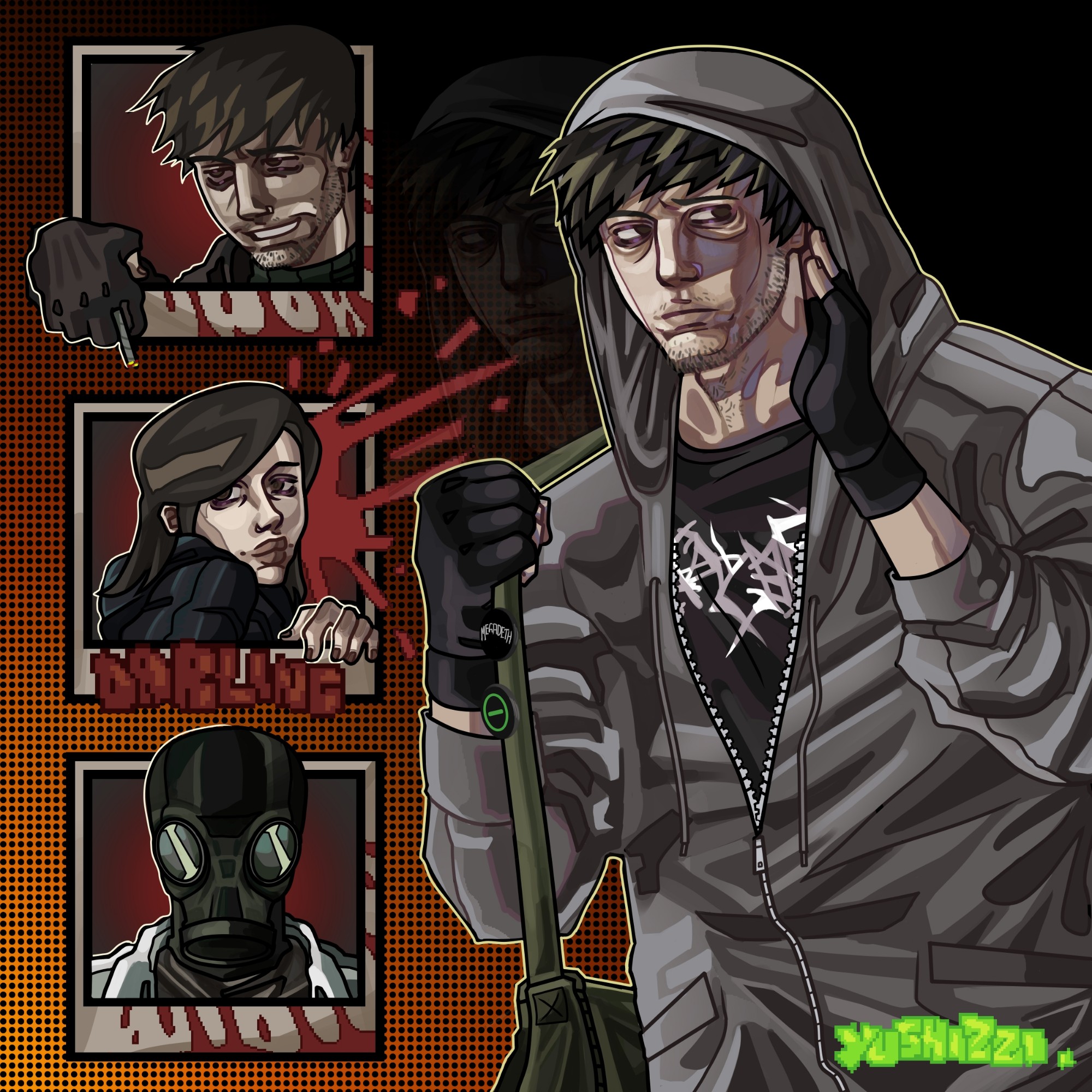 david leatherhoff, simon henriksson, sophie (cry of fear), afraid of monsters, cry of fear, highres, 1girl, 1other, 2boys, aegyo sal, bag, beard stubble, black eyes, black gloves, black hair, black shirt, blood, blood splatter, brown hair, creator connection, dr purnell, drugs, english text, facial hair, fingerless gloves, gas mask, gloves, grey hoodie, hand on own face, holding strap, hood, hood up, hoodie, joint (drug), long hair, looking to the side, marijuana, mask, multiple boys, shirt, short hair, shoulder bag, stubble, t-shirt, yushizzi, zoom layer