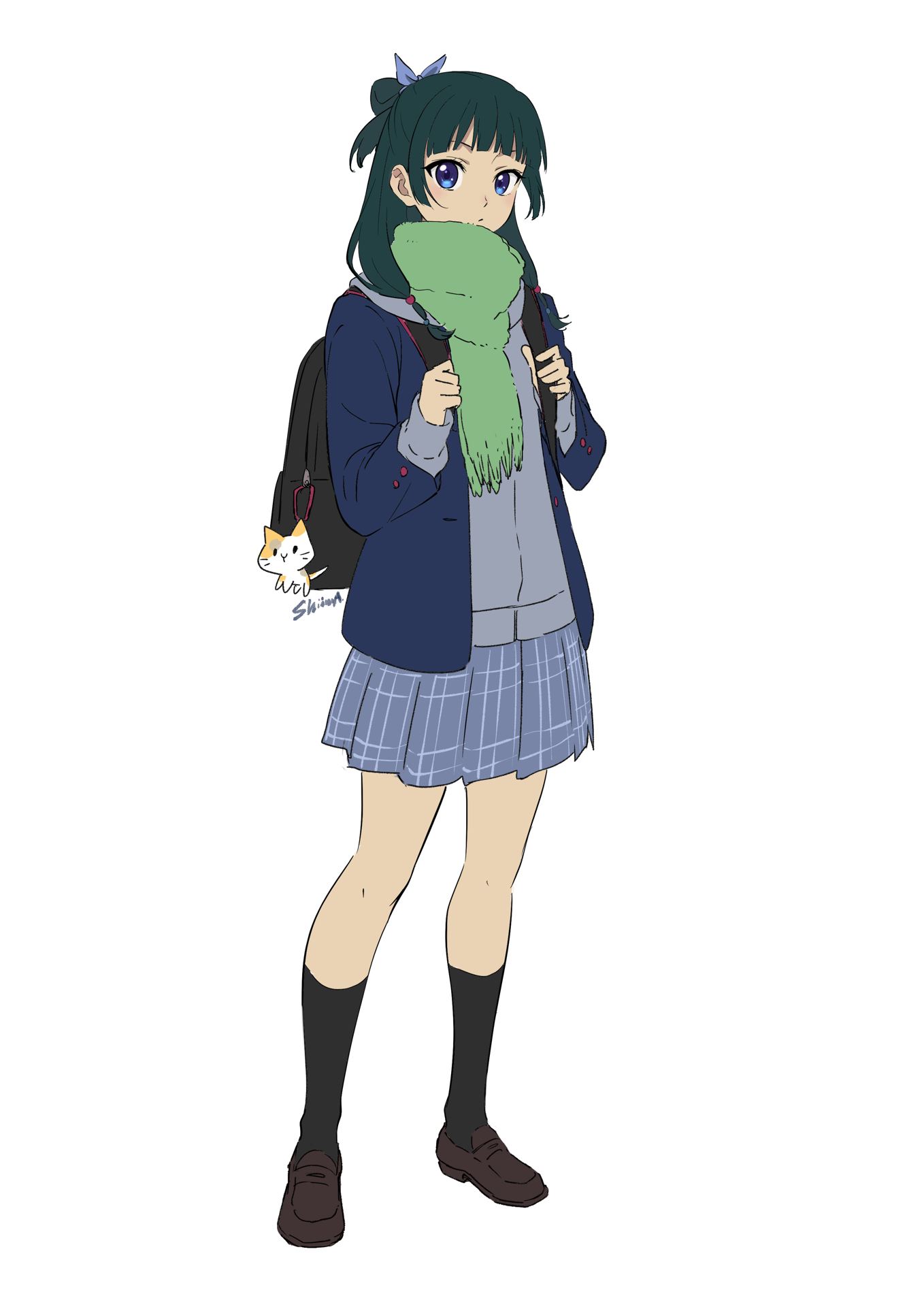 shiima, maomao (kusuriya no hitorigoto), kusuriya no hitorigoto, commentary, english commentary, highres, 1girl, backpack, bag, bag charm, black hair, black socks, blue eyes, charm (object), contemporary, green hair, hair bun, kneehighs, long hair, scarf, school uniform, socks, solo, white background