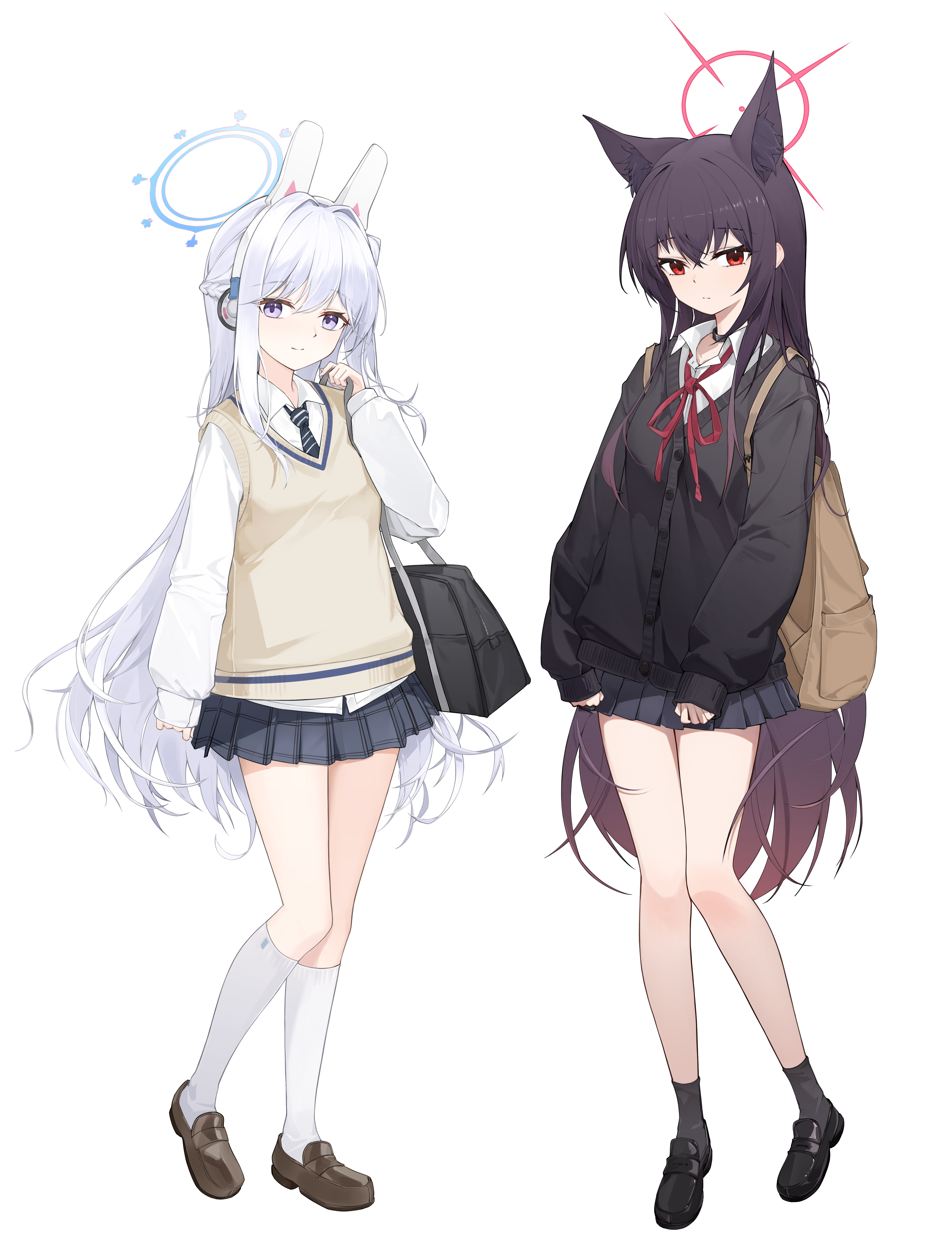 nammmmer, miyako (blue archive), yukino (blue archive), blue archive, absurdres, commentary, highres, 2girls, alternate costume, animal ear fluff, animal ear hairband, animal ears, bag, black bag, black cardigan, black choker, black hair, black necktie, black shoes, black skirt, black socks, blue halo, brown bag, brown shoes, cardigan, choker, closed mouth, collared shirt, colored tips, diagonal-striped clothes, diagonal-striped necktie, fake animal ears, fox ears, fox girl, gradient hair, grey skirt, hair between eyes, hairband, halo, holding, holding bag, kneehighs, long hair, long sleeves, looking at viewer, multicolored hair, multiple girls, necktie, pink halo, pleated skirt, purple eyes, rabbit ear hairband, rabbit ears, red eyes, red hair, red ribbon, ribbon, shirt, shoes, skirt, smile, socks, striped clothes, sweater vest, two-tone hair, white hairband, white shirt, white socks, yellow sweater vest