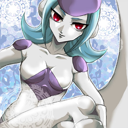 frieza, dragon ball, dragonball z, lowres, 1girl, blue hair, breasts, collarbone, crossed legs, female focus, genderswap, genderswap (mtf), knees, legs, red eyes, smile, solo, tail, thighs