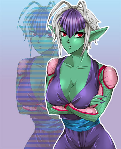 piccolo, dragon ball, dragonball z, lowres, colored skin, genderswap, genderswap (mtf), green skin, red eyes, short hair