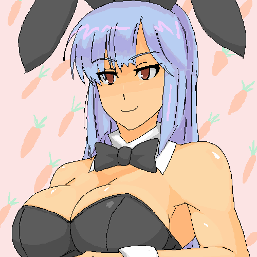 69 (tranquilo), roux louka, gundam, gundam zz, bad id, bad pixiv id, lowres, 1girl, animal ears, blue hair, bow, bowtie, breasts, brown eyes, carrot, cleavage, fake animal ears, large breasts, oekaki, playboy bunny, rabbit ears