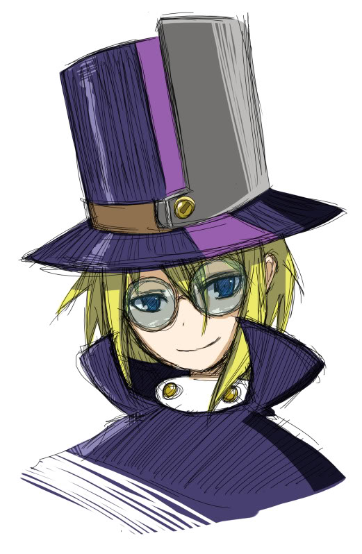 carl clover, arc system works, blazblue, blazblue: calamity trigger, bad id, bad pixiv id, 1boy, blonde hair, blue eyes, glasses, hat, male focus, smile, solo, top hat, white background