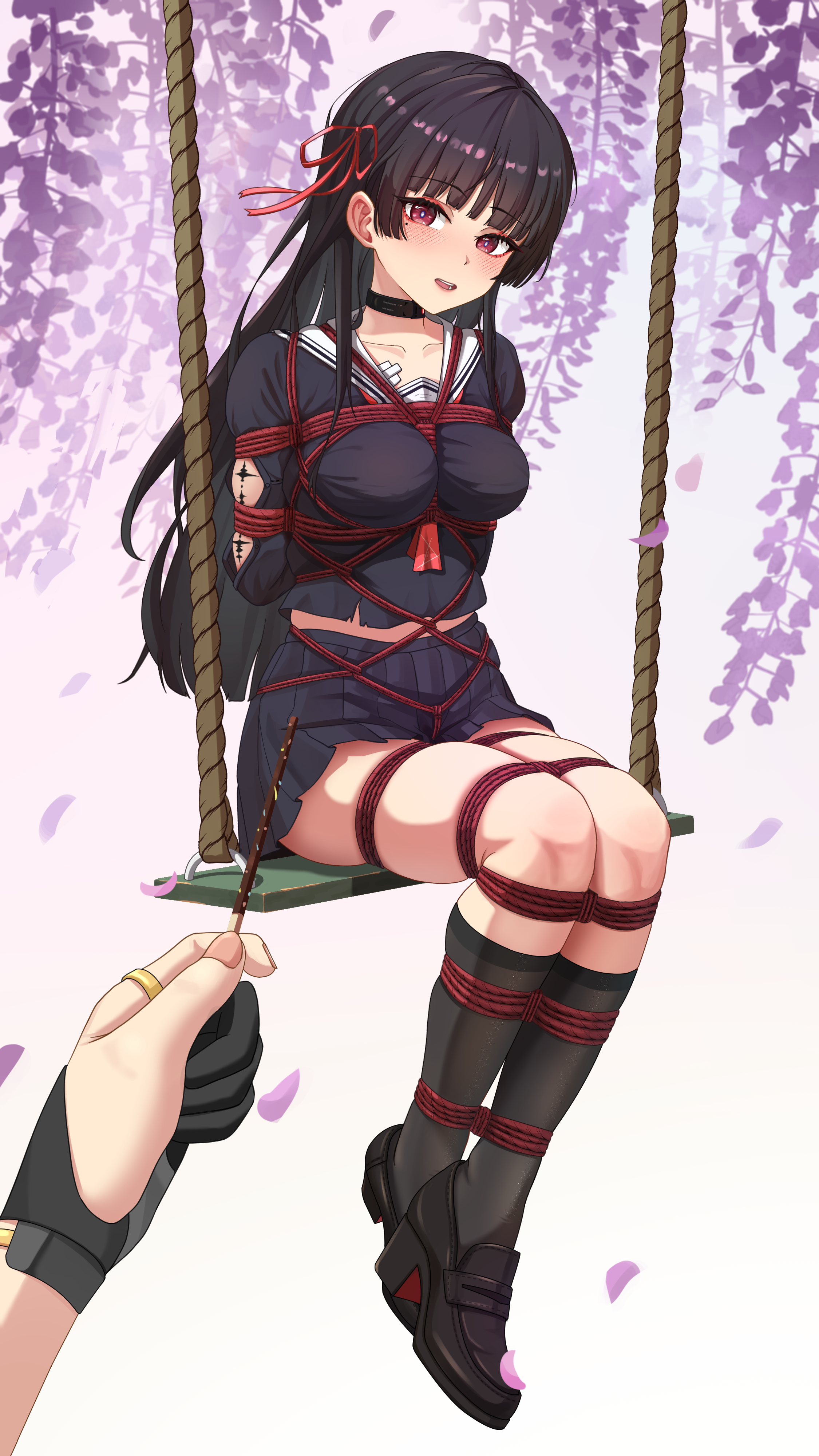 wanliu, chisa (wuthering waves), wuthering waves, absurdres, commentary request, highres, 1girl, arms behind back, bdsm, black choker, black hair, black serafuku, black socks, bondage, bound, bound arms, bound legs, breast bondage, breasts, choker, collarbone, food, long hair, looking at viewer, medium breasts, midriff peek, on swing, open mouth, pocky, red eyes, red ribbon, restrained, ribbon, school uniform, serafuku, shibari, shibari over clothes, shoes, skindentation, socks, swing, teeth, very long hair