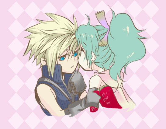 asu (asoras), cloud strife, tina branford, dissidia final fantasy, final fantasy, final fantasy vi, final fantasy vii, bad id, bad pixiv id, 1990s (style), 1boy, 1girl, aqua hair, bare shoulders, blonde hair, blue eyes, chibi, couple, detached sleeves, dress, earrings, gloves, jewelry, long hair, ponytail, scarf, short hair, shoulder pads