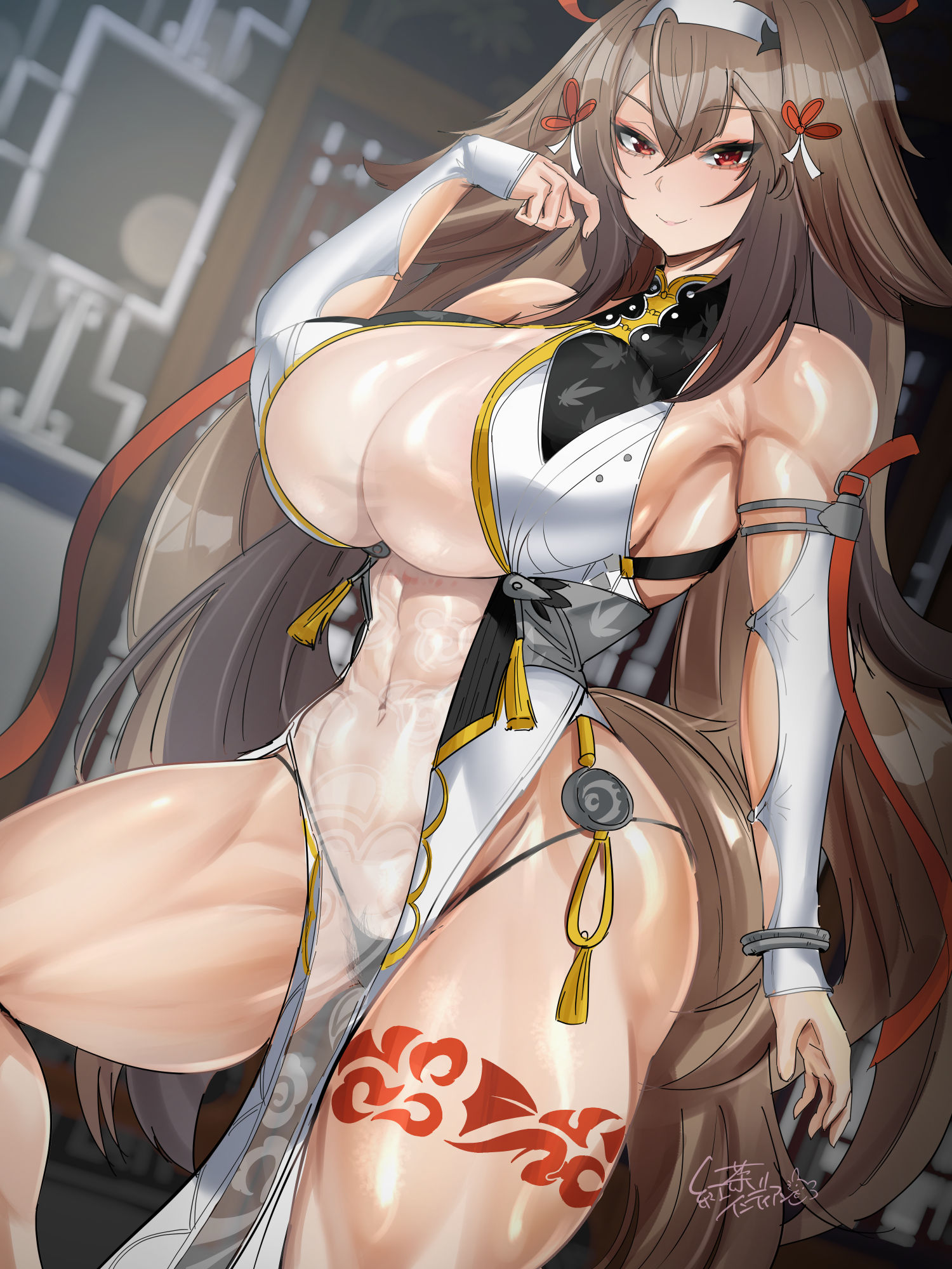 ye shunguang, zenless zone zero, artist request, highres, 1girl, animal ears, breasts, curvy, detached sleeves, female focus, large breasts, long hair, looking at viewer, muscular, muscular female, navel, red eyes, see-through clothes, shiny skin, solo, tail, tattoo, thick thighs, thighs, very long hair