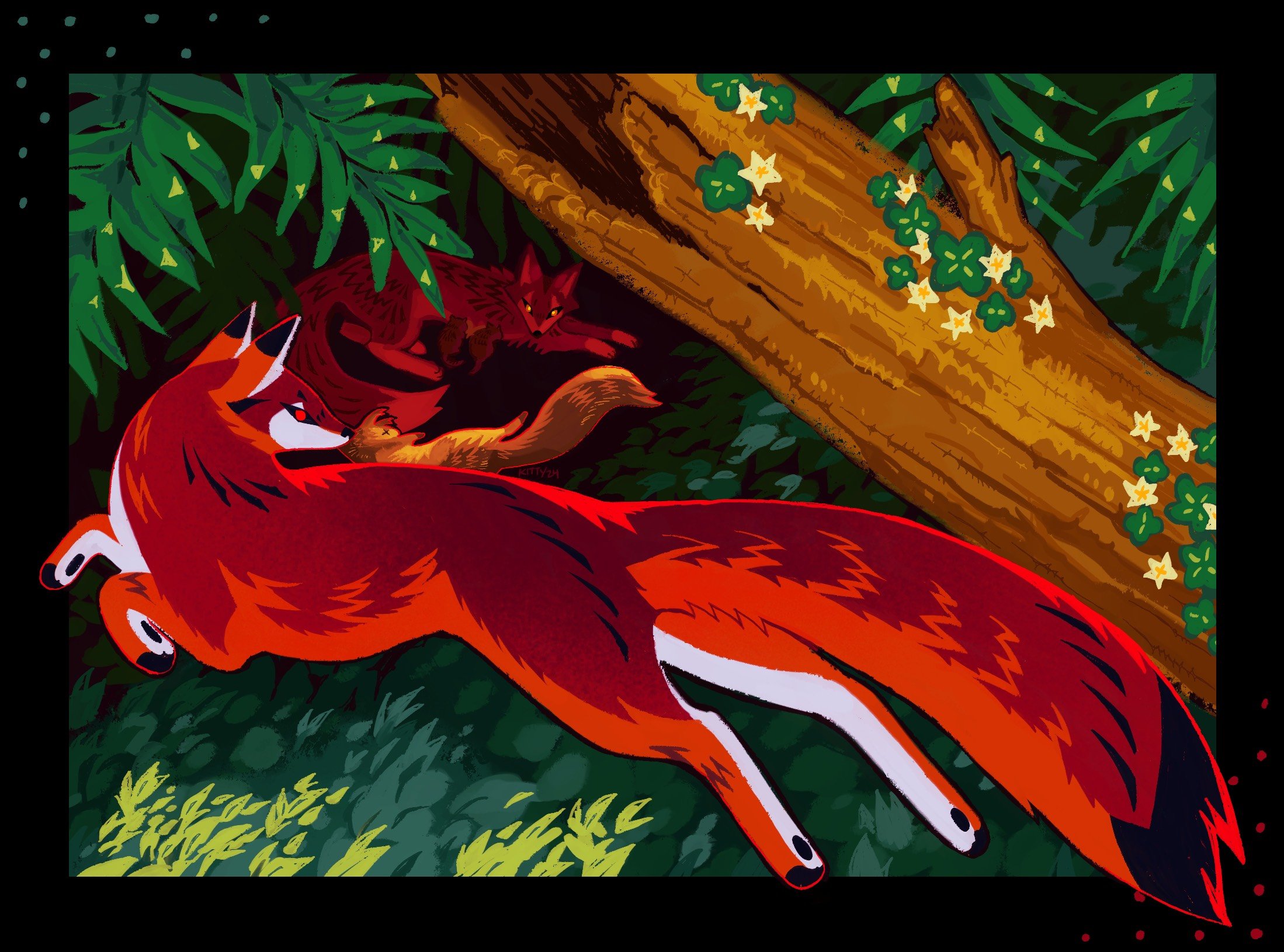 kitty (fernwhisker), original, commentary, english commentary, highres, animal, animal focus, baby animal, black border, black sclera, border, colored sclera, fallen tree, family, fern, flower, fox, full body, leaf, looking at viewer, no humans, outdoors, parent and child, pawpads, plant, red eyes, signature, solo focus, squirrel, tree, x x, yellow eyes, yellow flower