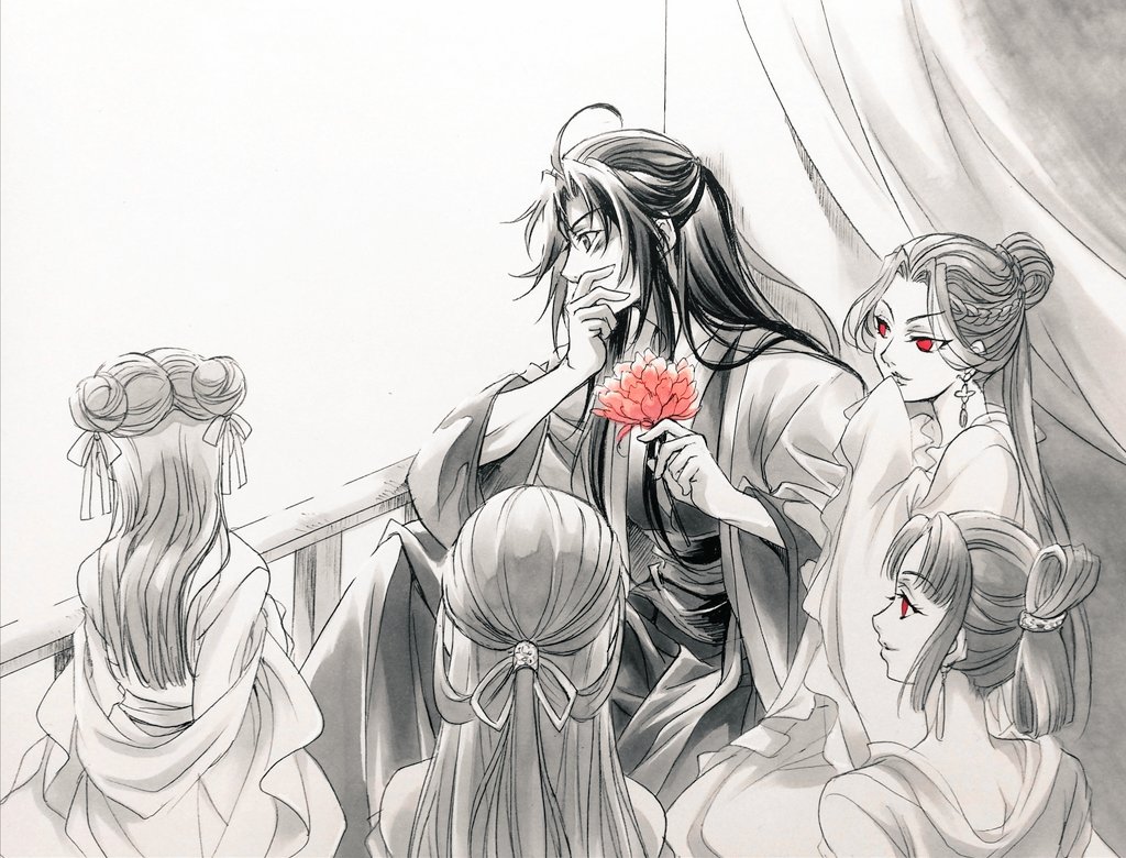 wei wuxian, wei wuxian (yiling laozu), modao zushi, commentary request, 1boy, 4girls, against railing, ahoge, balcony, black hair, blush, braid, chinese clothes, coat, covering own mouth, curtains, double bun, dress, earrings, flower, ghost, greyscale, hair bun, hair down, hair ribbon, hair rings, half updo, hand on own face, hanfu, holding, holding flower, implied yaoi, jewelry, long hair, long sleeves, looking at another, looking down, monochrome, mugiwara0077, multiple girls, official alternate costume, official alternate hairstyle, open clothes, open coat, profile, railing, red eyes, red flower, ribbon, robe, sash, shawl, sidelocks, single hair bun, sitting, smile, solo focus, spot color, wide sleeves