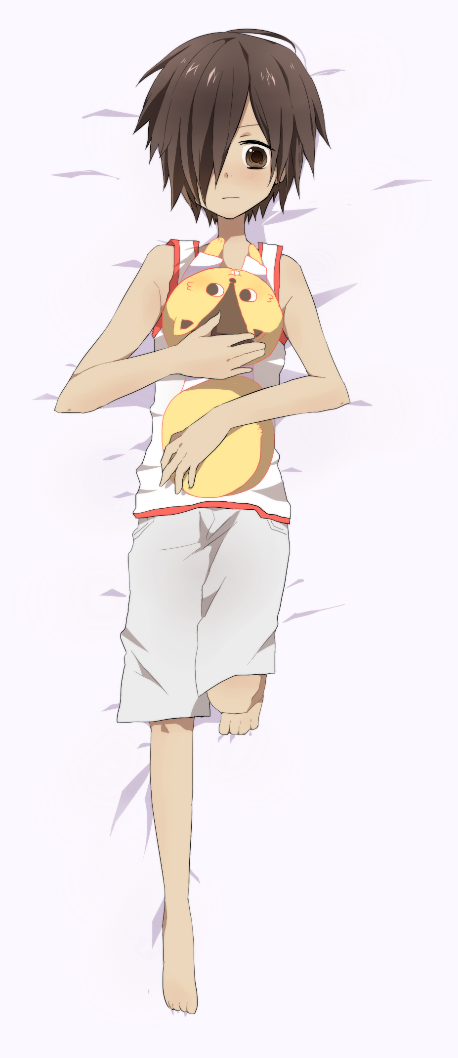 sa kuma, ikezawa kazuma, summer wars, bad id, bad pixiv id, highres, 00s, 1boy, bad feet, barefoot, brown eyes, brown hair, child, dakimakura (medium), feet, male focus, solo, solo focus