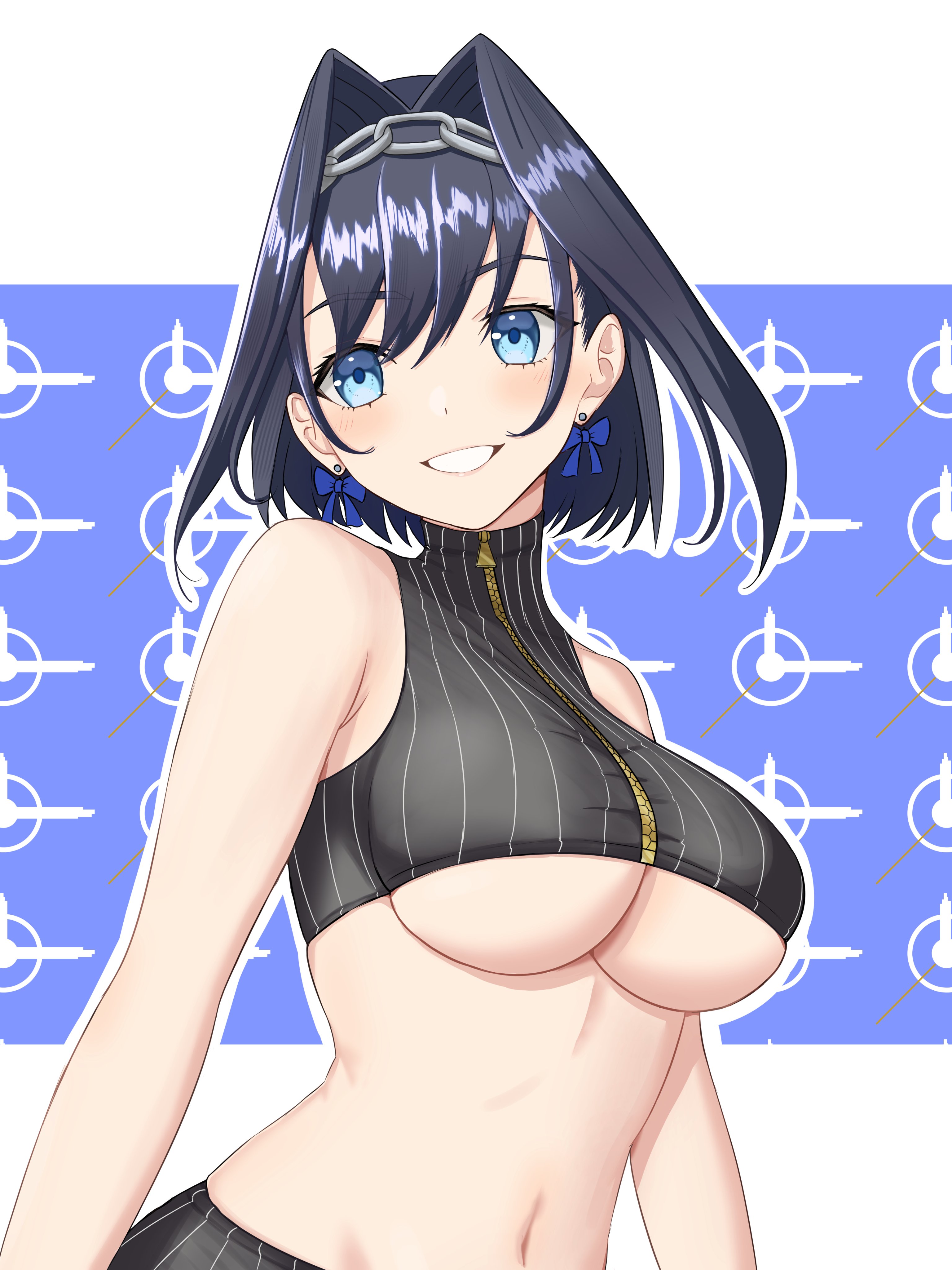 altean, ouro kronii, ouro kronii (1st costume), hololive, hololive english, absurdres, commentary, hashtag-only commentary, highres, 1girl, black hair, black shirt, black skirt, blue bow, blue eyes, bow, bow earrings, breasts, closed mouth, earrings, head chain, jewelry, large breasts, looking at viewer, navel, shirt, skirt, smile, solo, underboob, virtual youtuber