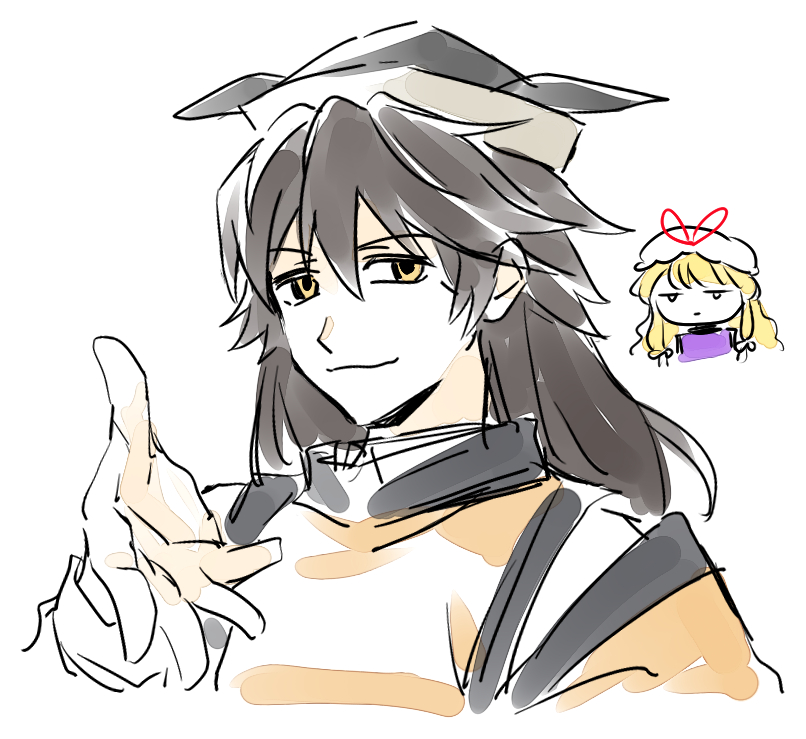 re ghotion, matara okina, yakumo yukari, touhou, commentary request, 2girls, alternate hair color, blonde hair, brown hair, brown hat, closed mouth, detached sleeves, hat, hat ribbon, long hair, looking at viewer, multiple girls, orange tabard, red ribbon, ribbon, smile, tabard, white hat, yellow eyes