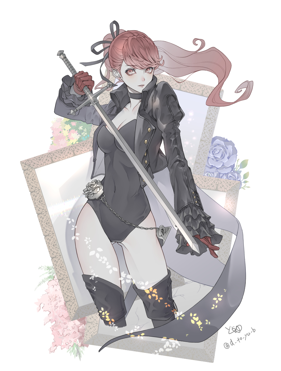 ryokuyuu, violet (persona 5), yoshizawa kasumi, persona, persona 5, persona 5 the royal, commentary request, 1girl, arm up, black boots, black choker, black jacket, black leotard, black ribbon, boots, breasts, choker, cleavage, flower, frilled sleeves, frills, gloves, holding, holding sword, holding weapon, jacket, knee boots, leotard, long hair, long sleeves, looking at viewer, medium breasts, parted lips, picture frame, ponytail, purple flower, red eyes, red gloves, red hair, ribbon, simple background, solo, standing, swept bangs, sword, twitter username, weapon, white background