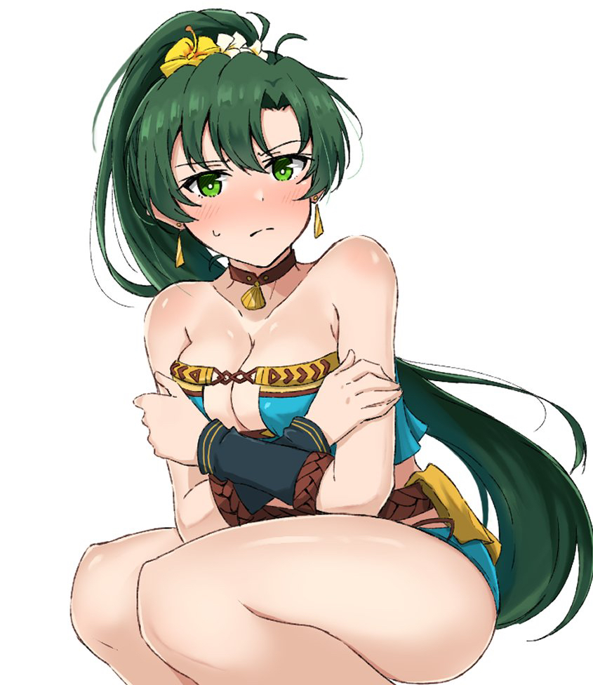 vankin, lyn (fire emblem), lyn (lady of the beach) (fire emblem), fire emblem, fire emblem: the blazing blade, fire emblem heroes, nintendo, commentary request, 1girl, bare arms, bare shoulders, bikini, blue bikini, blush, breasts, cleavage, closed mouth, collarbone, earrings, embarrassed, green eyes, green hair, jewelry, long hair, looking at viewer, medium breasts, official alternate costume, pink hair, ponytail, simple background, solo, swimsuit, thighs, very long hair, white background