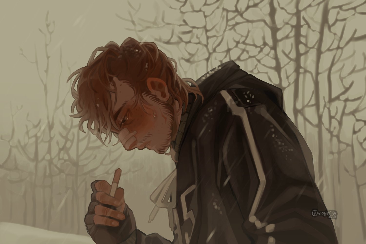 david leatherhoff, afraid of monsters, commentary, english commentary, 1boy, bandage on face, bandages, beard stubble, black gloves, black hoodie, brown hair, cigarette, facial hair, fingerless gloves, flustered, from side, gloves, half-closed eyes, hand up, holding, holding cigarette, hood, hood down, hoodie, male focus, mogilnik6, outdoors, print hoodie, short hair, snowing, solo, striped clothes, striped hoodie, stubble, sweatdrop, sweater, turtleneck, turtleneck sweater, upper body, winter