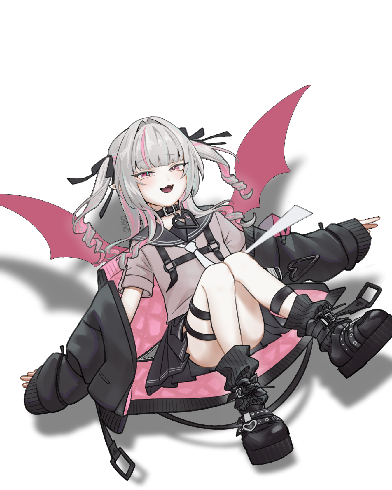 makaino ririmu, nijisanji, commentary request, highres, 1girl, :3, ankle belt, black choker, black jacket, black ribbon, black sailor collar, black shoes, black skirt, black socks, black straps, blunt bangs, blush, chest harness, choker, colored inner hair, convenient leg, demon wings, drill hair, flying, full body, grey hair, grey shirt, hair intakes, hair over shoulder, hair ribbon, harness, heart, heart choker, jacket, knees up, leg tattoo, long hair, loose socks, miniskirt, multicolored hair, multiple thigh straps, neckerchief, off shoulder, official alternate costume, ongoforoekaki, open clothes, open jacket, open mouth, pink hair, pink jacket, pink streaks, platform shoes, pleated skirt, pointy ears, red eyes, red wings, ribbon, safety pin, sailor collar, school uniform, serafuku, shirt, shoes, short sleeves, sidelocks, signature, simple background, skirt, sleeves past wrists, smile, socks, solo, streaked hair, tattoo, thigh strap, two-sided fabric, two-sided jacket, two-tone hair, two side up, virtual youtuber, white background, white neckerchief, winged heart, winged heart tattoo, wings, zipper, zipper pull tab