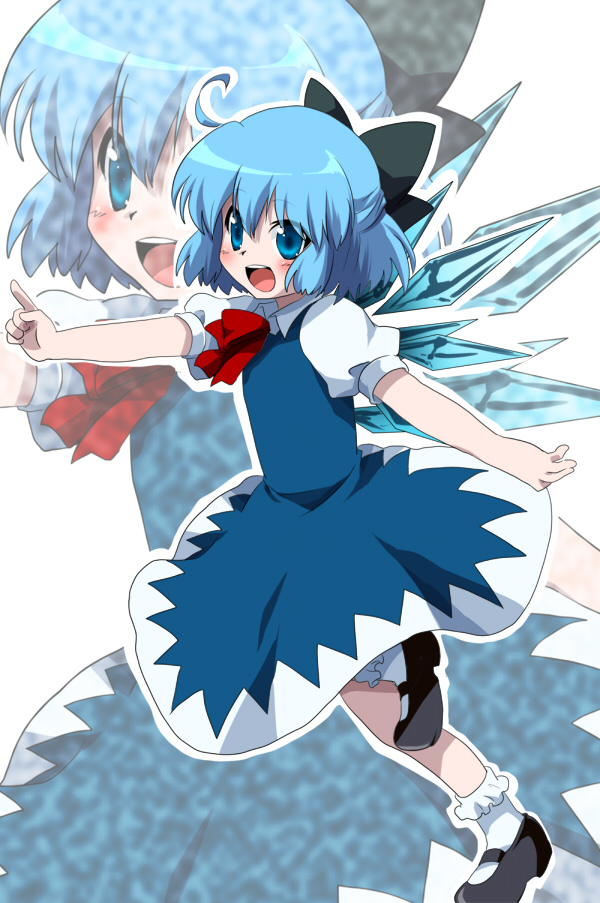 marimo danshaku, cirno, touhou, bad id, bad pixiv id, 1girl, :d, ahoge, blue eyes, blue hair, bow, female focus, hair bow, mary janes, matching hair/eyes, open mouth, pointing, shoes, short hair, smile, solo, wings, zoom layer