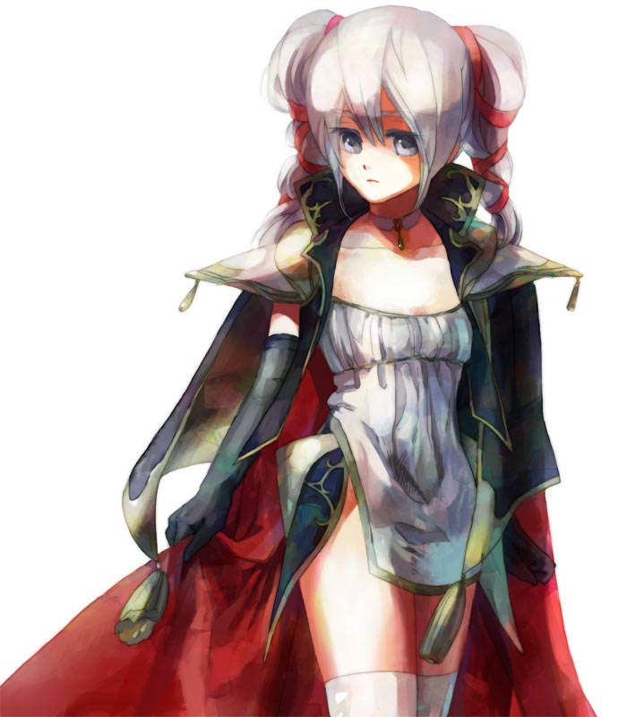 shako, tine (fire emblem), fire emblem, fire emblem: genealogy of the holy war, nintendo, bad id, bad pixiv id, 1girl, cape, elbow gloves, female focus, gloves, multi-tied hair, ribbon, simple background, solo, thighhighs, twintails, white background, white hair
