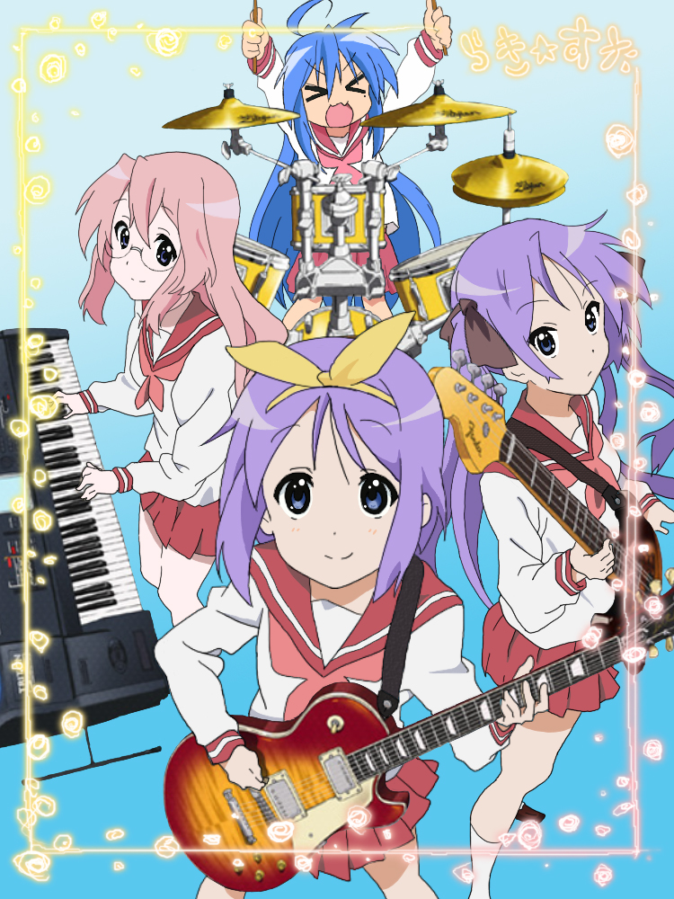 hiiragi kagami, hiiragi tsukasa, izumi konata, takara miyuki, gibson, k-on!, korg, lucky star, yamaha, third-party edit, > <, 4girls, bass guitar, closed mouth, dot nose, drum, drumsticks, fender (company), guitar, instrument, keyboard, keyboard (instrument), long hair, mole, mole under eye, multiple girls, open mouth, parody, shoes, siblings, sisters, smile, socks, standing, twins, white socks