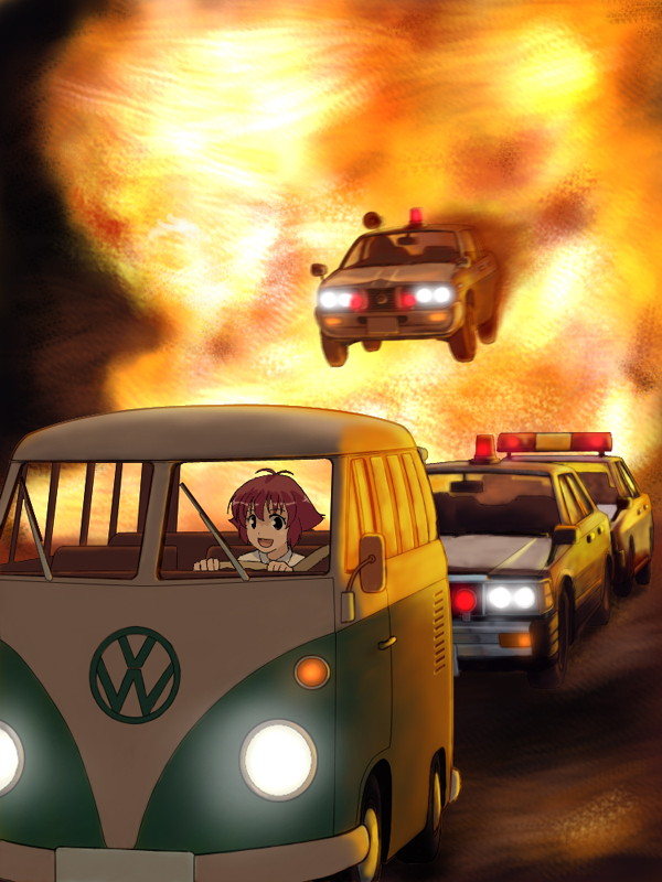 richard crazyman, kanbara satomi, saki (manga), seibu keisatsu, volkswagen, 1girl, black hair, car, explosion, female focus, japan national police, motor vehicle, parody, police, police car, red hair, solo, van, vehicle chase, vehicle focus, volkswagen type 2
