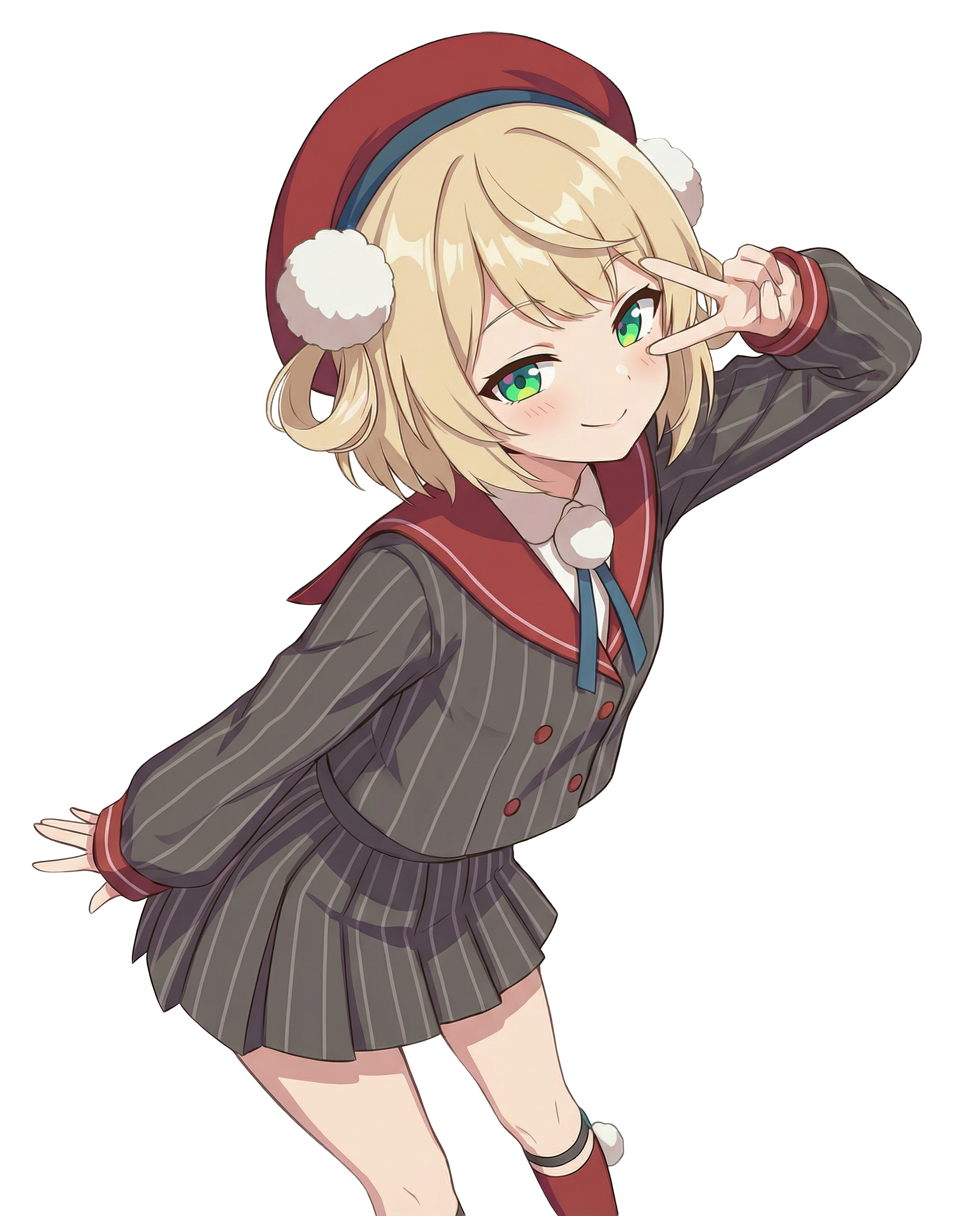 chiaki, shigure ui (1st costume) (vtuber), shigure ui (vtuber), indie virtual youtuber, absurdres, commentary request, highres, 1girl, beret, green eyes, grey jacket, grey skirt, hair ornament, hair rings, hat, jacket, long sleeves, looking at viewer, pinstripe jacket, pinstripe pattern, pom pom (clothes), pom pom hair ornament, red hat, red sailor collar, red socks, sailor collar, short hair, simple background, skirt, smile, socks, solo, striped clothes, v, v over eye, virtual youtuber, white background