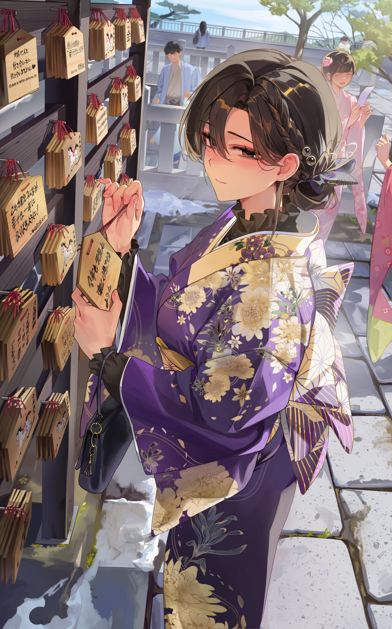 sabotensuteeki, original, commentary request, highres, 1girl, bag, black bag, black eyes, black hair, blush, braid, breasts, closed mouth, ema, fingernails, from side, hair between eyes, handbag, holding, holding ema, japanese clothes, kimono, looking at viewer, looking to the side, medium breasts, mumei-san (sabotensuteeki), people, purple kimono, smile, solo, solo focus