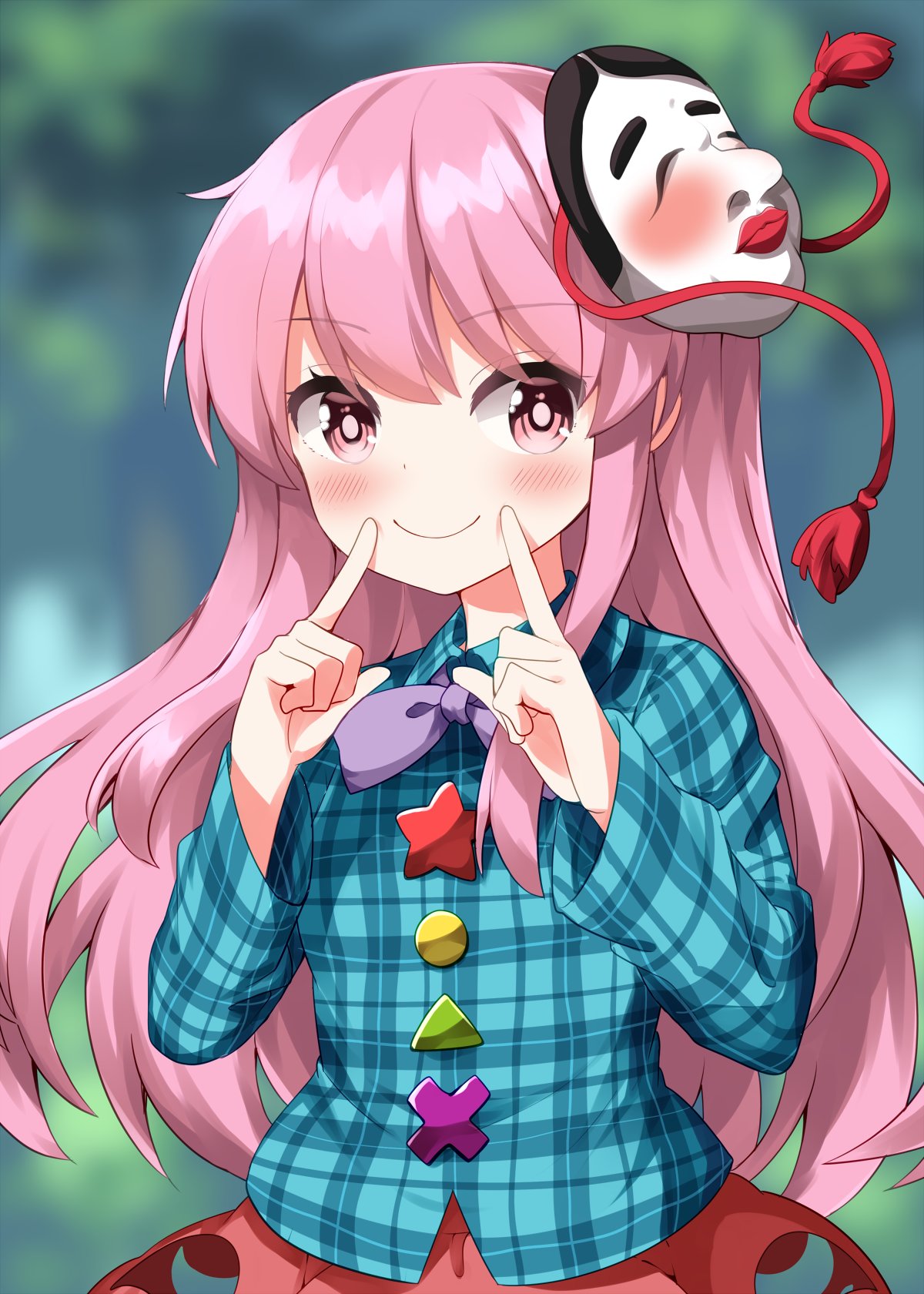 ruu (tksymkw), hata no kokoro, touhou, commentary, highres, 1girl, blurry, blurry background, blush, bow, bowtie, bright pupils, buttons, closed mouth, collared shirt, cowboy shot, fingersmile, green shirt, hair between eyes, long hair, long sleeves, looking at viewer, mask, mask on head, orange skirt, pink eyes, pink hair, plaid clothes, plaid shirt, purple bow, purple bowtie, shirt, skirt, smile, solo, star (symbol), star button