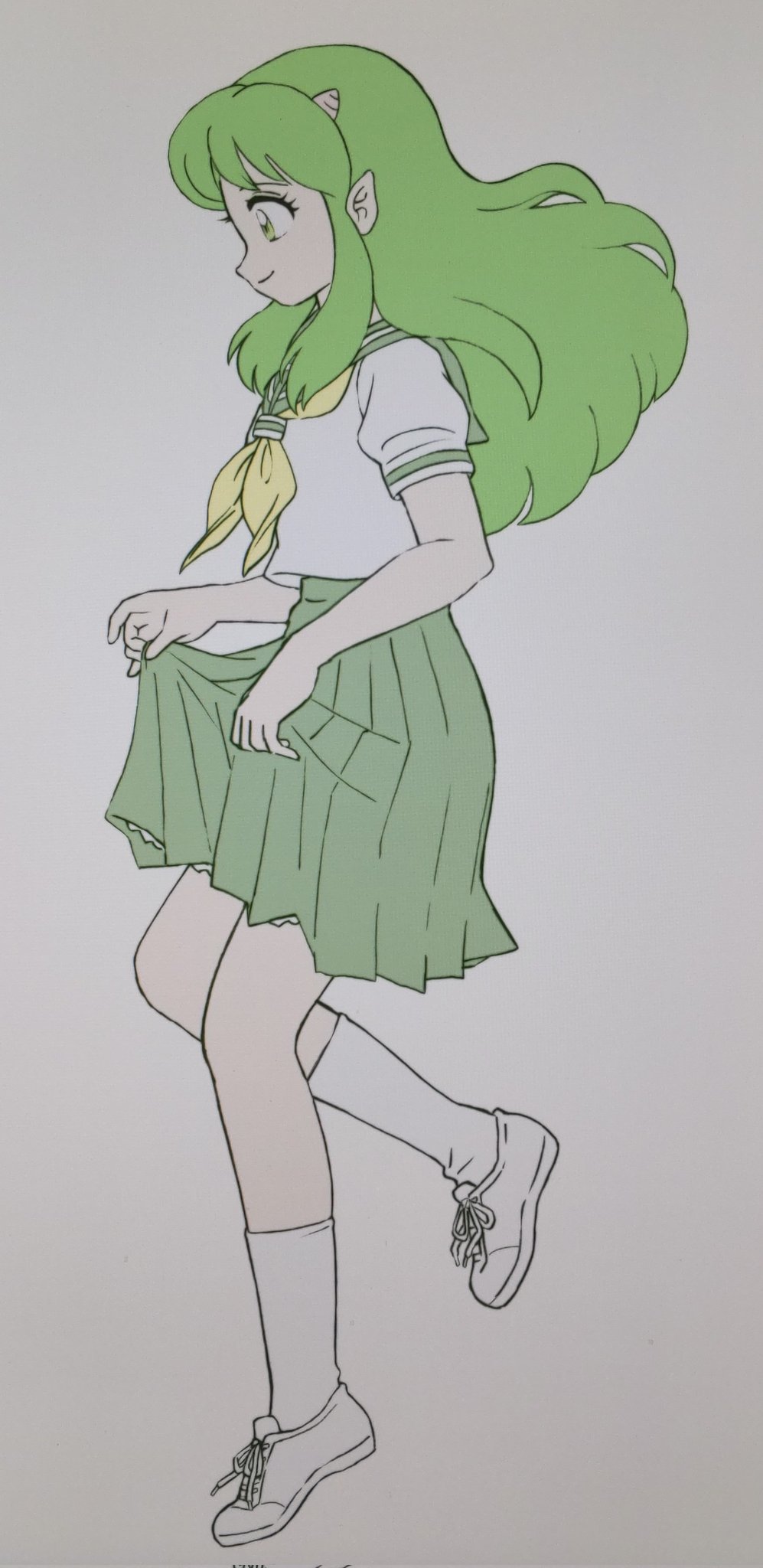 mizutani kenta, lum, urusei yatsura, commentary, highres, 1girl, closed mouth, cone horns, full body, green eyes, green hair, green sailor collar, green skirt, green theme, grey background, horns, long hair, neckerchief, pleated skirt, pointy ears, sailor collar, school uniform, serafuku, shirt, shoes, short sleeves, simple background, skirt, skirt hold, smile, socks, solo, standing, white shirt, white shoes, white socks, yellow neckerchief
