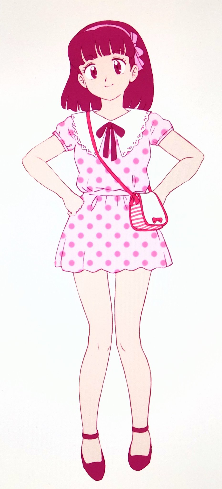 mizutani kenta, miyake shinobu, urusei yatsura, commentary request, highres, 1girl, bag, belt, bow hairband, closed mouth, dress, full body, hairband, hands on own hips, looking at viewer, medium hair, monochrome, neck ribbon, pink theme, polka dot, polka dot dress, puritan collar, ribbon, shoes, short dress, short sleeves, shoulder bag, smile, solo, standing