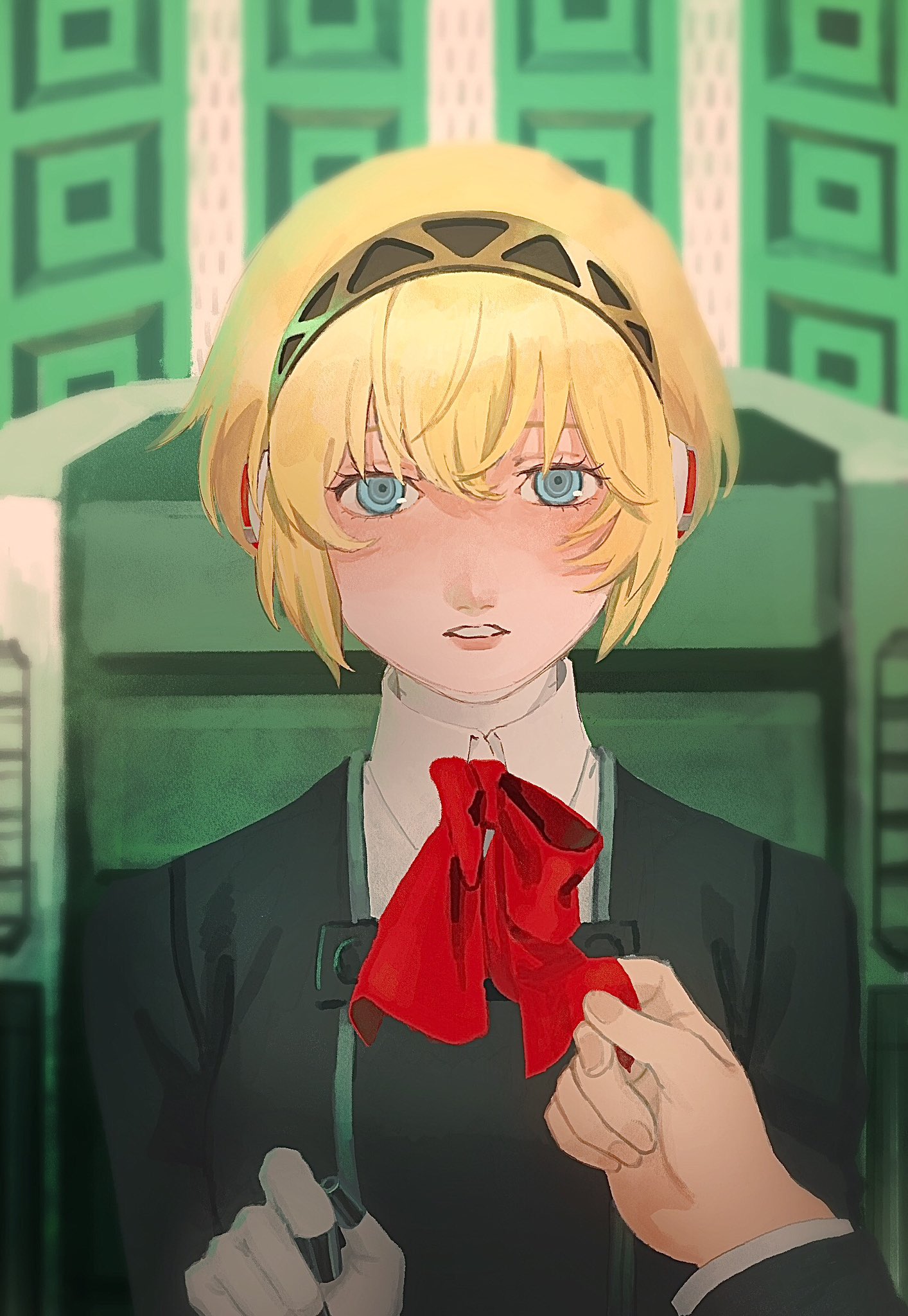 hideyo746, aigis (persona), yuuki makoto (persona 3), persona, persona 3, persona 3 reload, commentary request, highres, 1boy, 1girl, adjusting another's clothes, android, black jacket, blonde hair, blue eyes, bow, bowtie, breasts, collared shirt, gekkoukan high school uniform, gloves, hair between eyes, hairband, jacket, looking at viewer, medium breasts, parted lips, red bow, red bowtie, school uniform, shirt, short hair, upper body, white gloves, white shirt