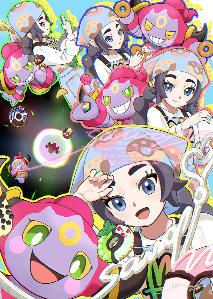 sawaco (sawaco520), ansha (pokemon), hoopa, hoopa (confined), nintendo, pokemon, pokemon legends: z-a, commentary request, 1girl, apron, black hair, blue apron, blue eyes, blue headscarf, blush, braid, closed eyes, closed mouth, colored sclera, donut, donut print, food, food print, gen 6 pokemon, green eyes, headscarf, horns, legendary pokemon, long hair, long sleeves, looking at viewer, mythical pokemon, open mouth, pokemon (creature), portal (object), print apron, shirt, smile, teeth, white shirt, yellow sclera