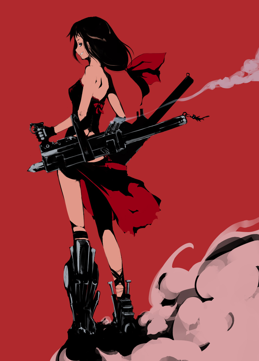 travo, original, black hair, bow, brown eyes, gun, long hair, mecha musume, ponytail, profile, solo, weapon