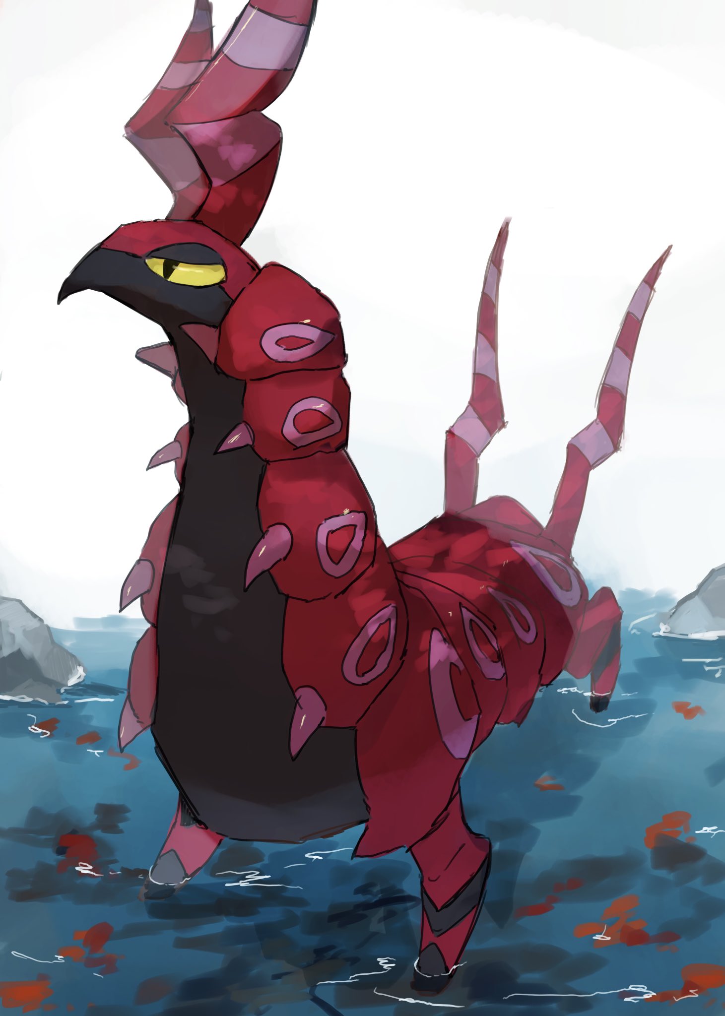 kou11021301, scolipede, nintendo, pokemon, commentary request, highres, antennae, bug, centipede, colored sclera, gen 5 pokemon, horns, no humans, pokemon (creature), pokemon focus, solo, tail, water, yellow eyes, yellow sclera