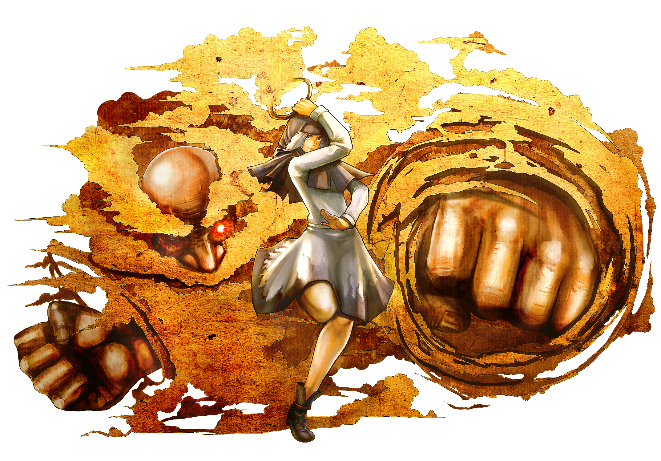 unknown showhey, kumoi ichirin, unzan, touhou, bad id, bad pixiv id, highres, 1boy, 1girl, blue eyes, blue hair, bracelet, clenched hands, cloud, full body, hood, jewelry, long hair, ring, short hair, transparent background