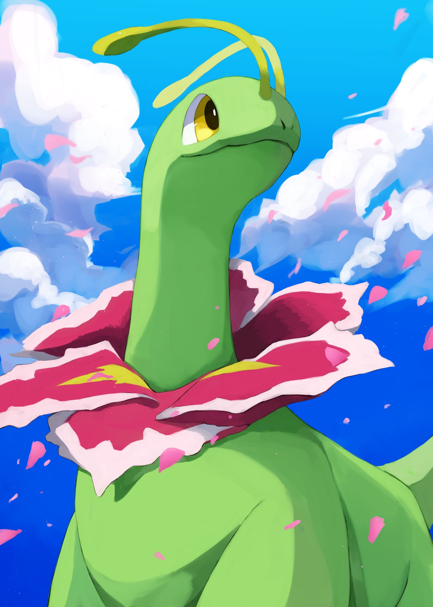 kou11021301, meganium, nintendo, pokemon, commentary request, highres, antennae, blue sky, closed mouth, cloud, flower, gen 2 pokemon, long neck, no humans, outdoors, petals, pokemon (creature), pokemon focus, sauropod, sky, yellow eyes